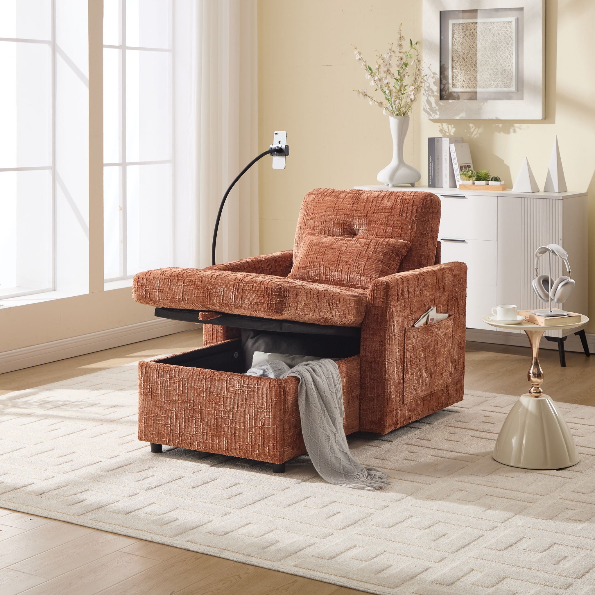 Multifunctional Chenille Recliner Sofa With Storage And Phone Bracket - Best Buy Furniture