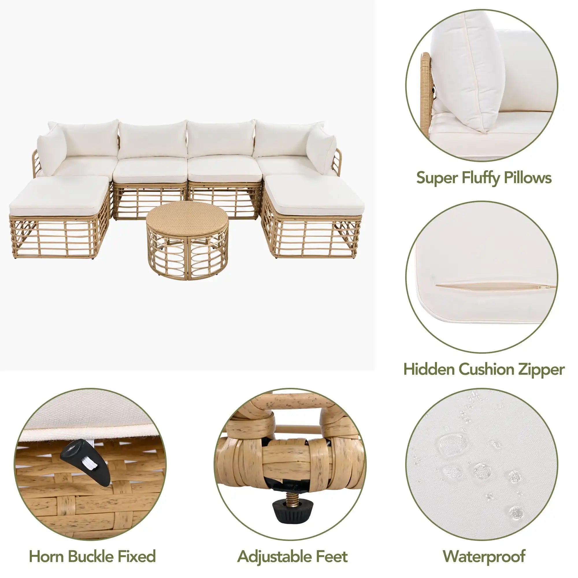 7 Piece Rattan Sectional Sofa Set, Outdoor Patio Furniture, Beige - Best Buy Furniture