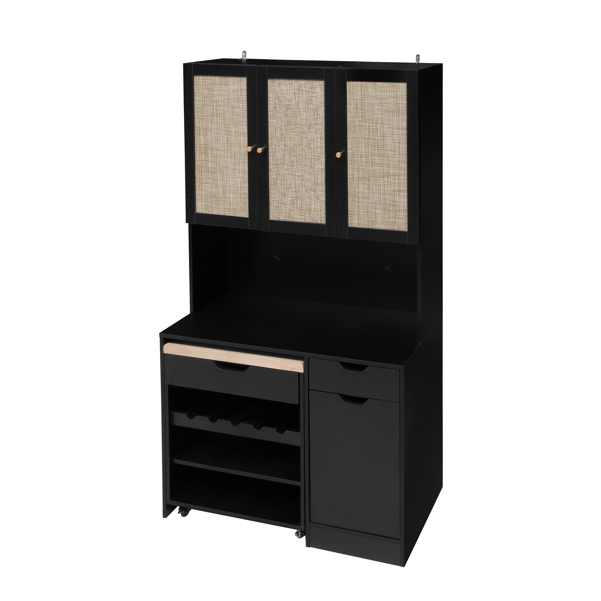 Kitchen Pantry Storage Cabinet, Modern Buffet Cabinet With Kitchen Cart, Tall Kitchen Hutch Cabinet With Microwave Stand, Food Pantry Cabinet With 3 Rattan Doors And Adjustable Shelves - Black - Best Buy Furniture