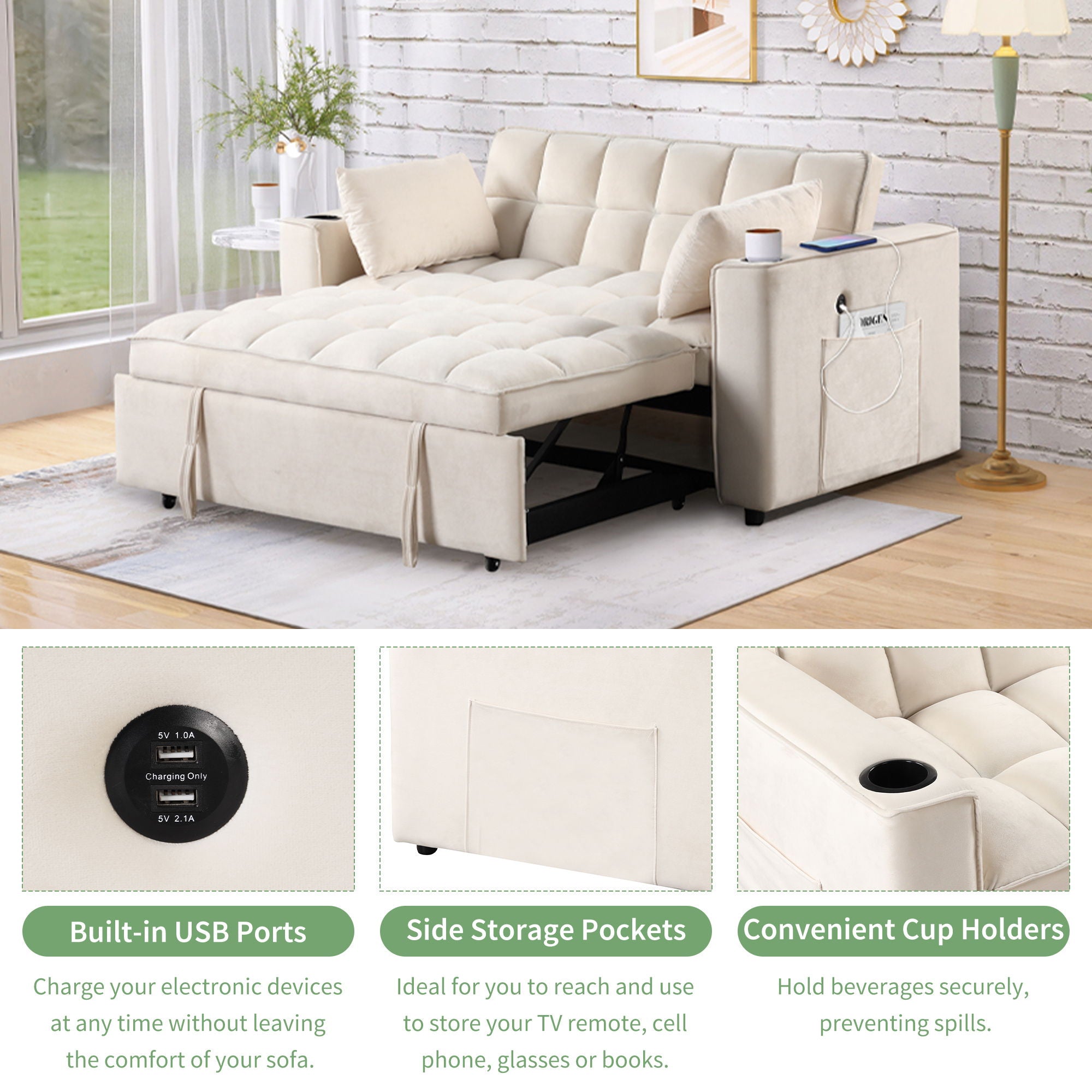 Multi Functional Sofa Bed With Cup Holder And USB Port For Living Room Or Apartments - Best Buy Furniture