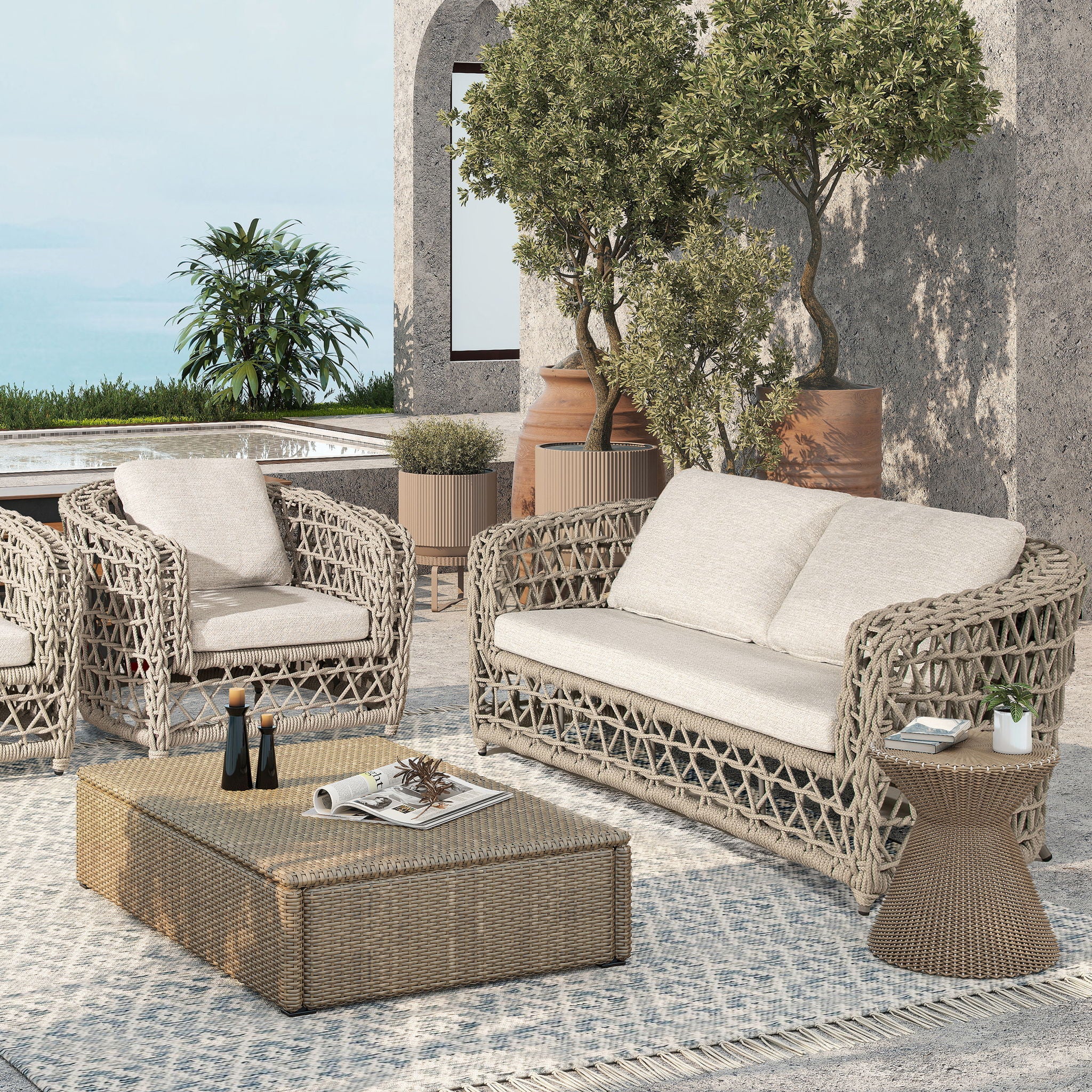 Everly - Frame Barrel Deep Seating Patio Loveseat Sofa Axroma Olefin - Oat Beige - Best Buy Furniture