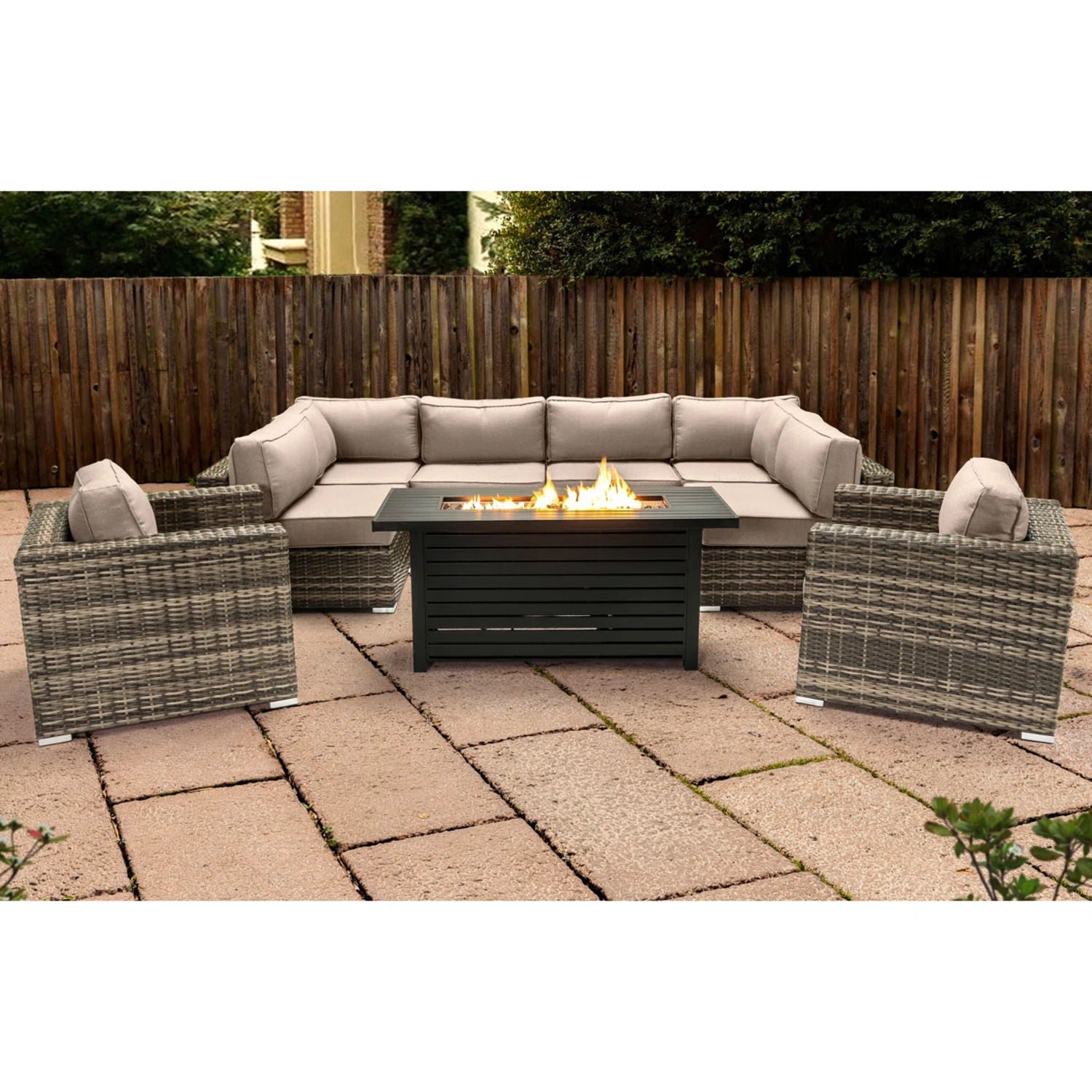 9 Piece Outdoor Sectional Set With Fire Pit Table And Cushions - Beige - Best Buy Furniture