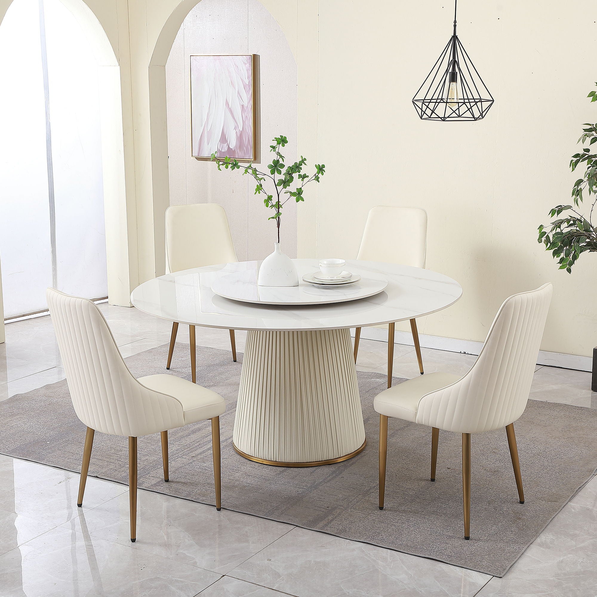 Modern Sintered Stone Dining Table With Turntable And Wood Metal Pedestal With 4 Chairs - Beige / White - Best Buy Furniture