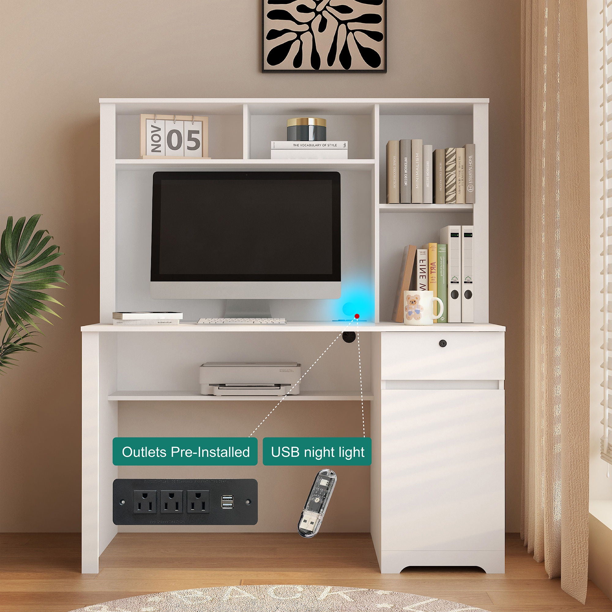 Computer Desk With Hutch & Bookshelf, Wood Executive Desk Teens Student Desk Writing Laptop Home Office Desk With Drawers, 3 Ac Outlets And 2 USB Charging Ports, Study Laptop Table For Home - White - Best Buy Furniture