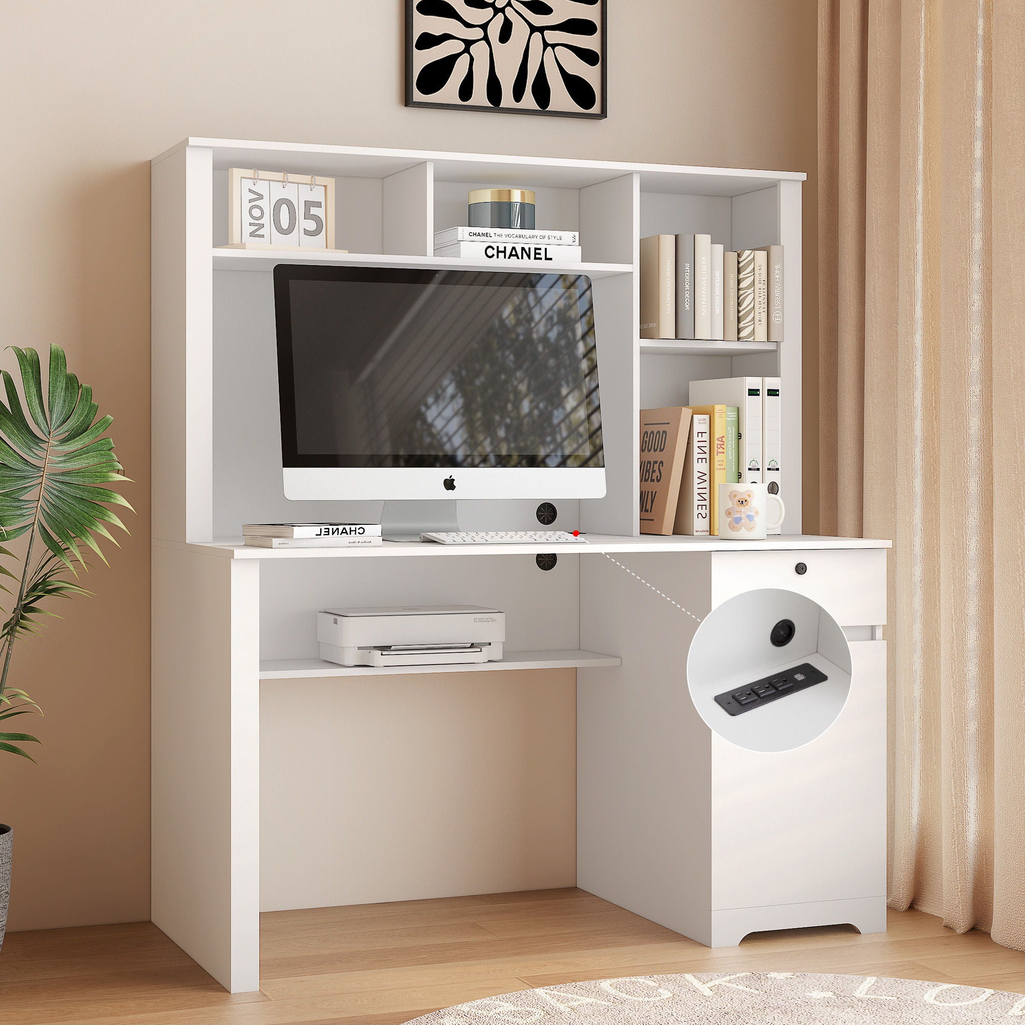 Computer Desk With Hutch & Bookshelf, Wood Executive Desk Teens Student Desk Writing Laptop Home Office Desk With Drawers, 3 Ac Outlets And 2 USB Charging Ports, Study Laptop Table For Home - White - Best Buy Furniture