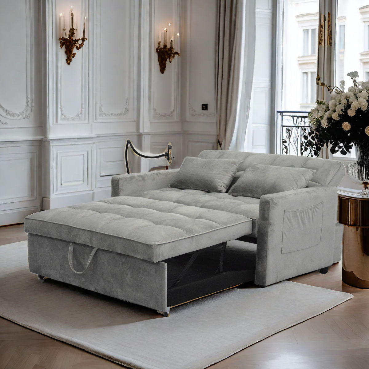 3 In 1 Convertible Sleeper Sofa Bed, Modern Velvet Fabric Futon Sofa Couch Pullout Bed, Adjustable Backrest With Three USB Ports, Two Side Pockets, Two Cup Holders And Swivel Phone Holder - Best Buy Furniture