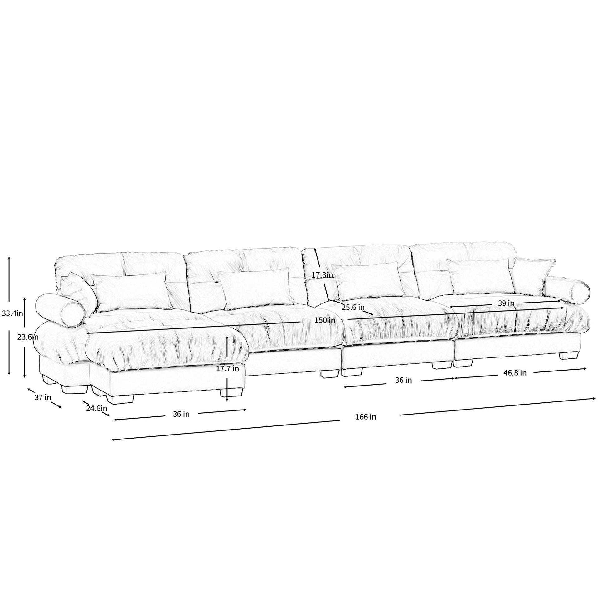 Modern Sectional Sofa With Ottoman, Round Bolster Armrests, Waist And Throw Pillows - Best Buy Furniture