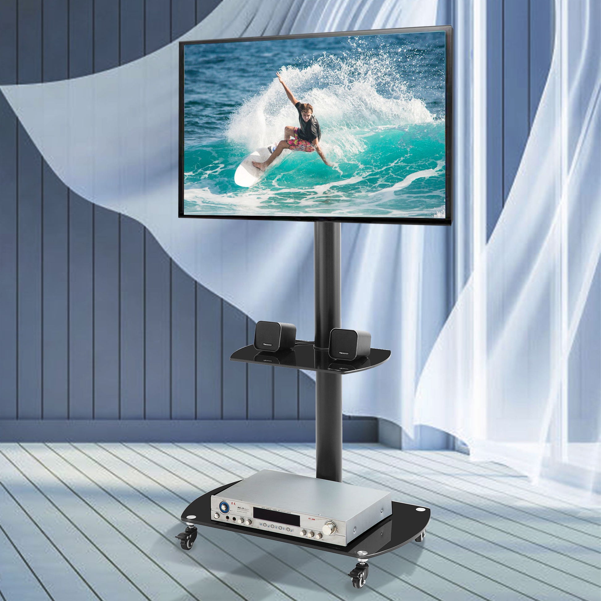 Height And Angle Adjustable Multi-Function Tempered Glass Metal Frame Floor With Lockable Wheels Mobile TV Stand, Lcd / Plasma TV Bracket 2 Tier Tempered Glass Shelves For Multiple Media Devices - Black - Best Buy Furniture