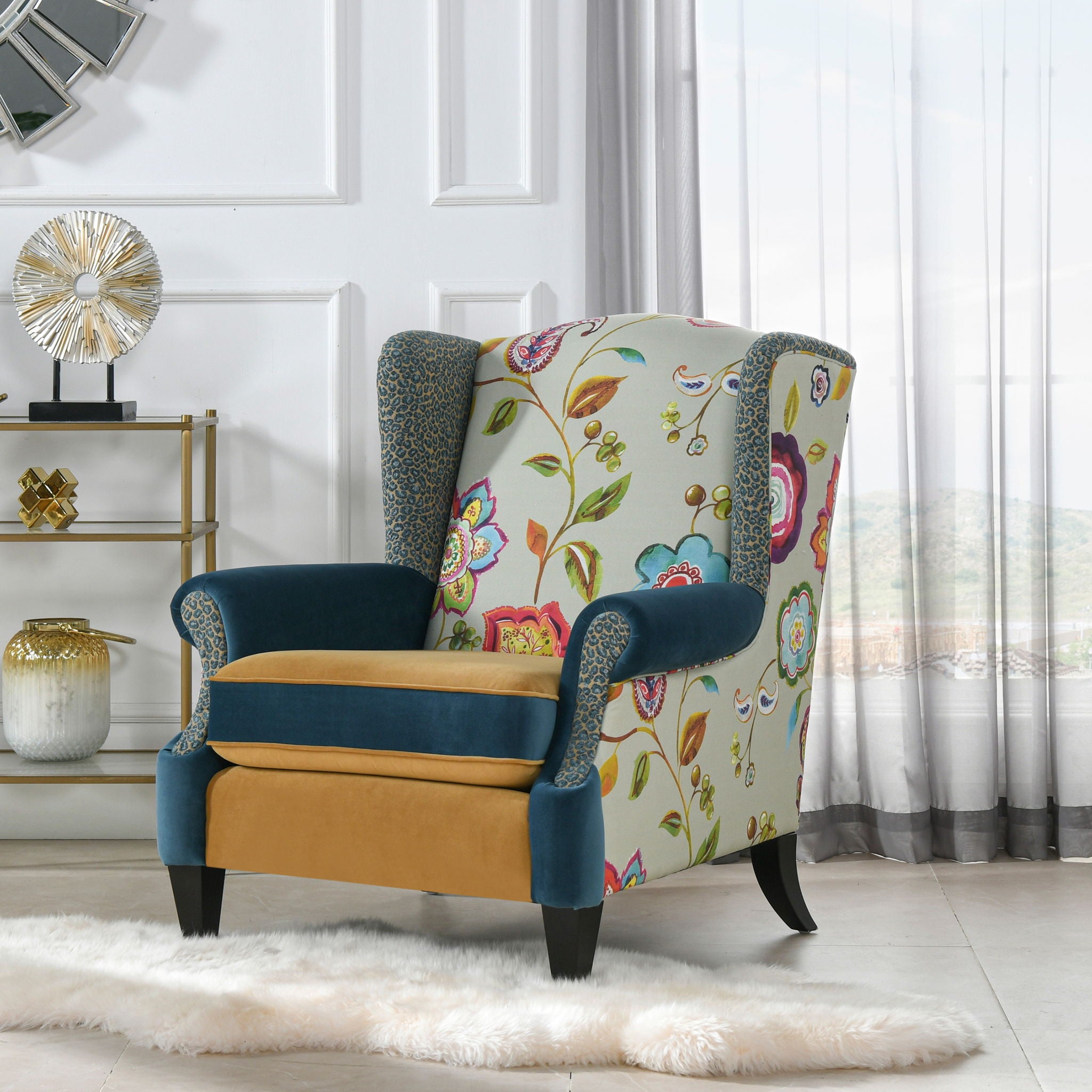 Anya - Boho Chic Wingback Accent Arm Chair - Floral / Leopard / Blue Teal / Yellow Gold - Best Buy Furniture