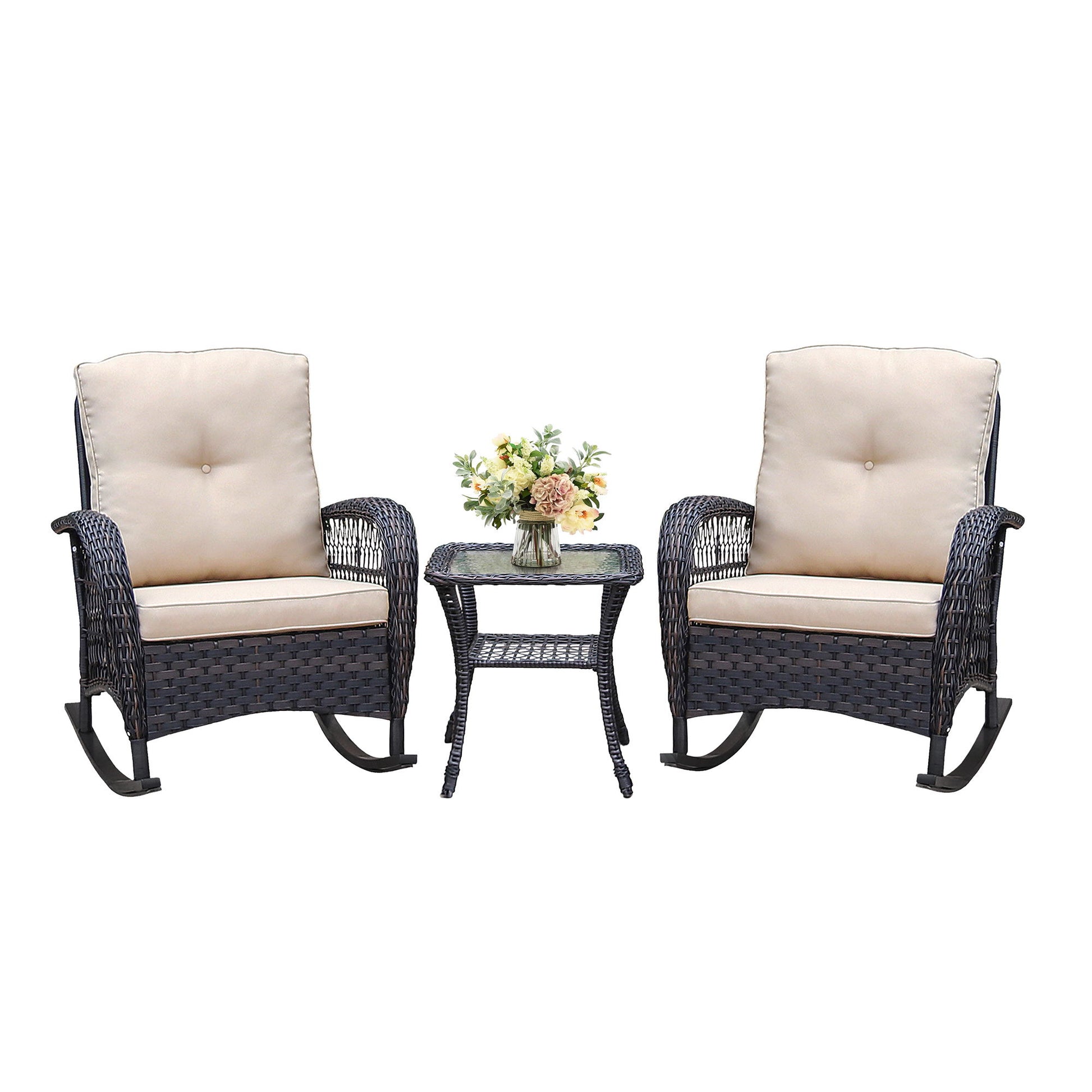 3 Pieces Conversation Set, Outdoor Wicker Rocker Patio Bistro Set, Rocking Chair With Glass Top Side Table - Brown / Beige - Best Buy Furniture