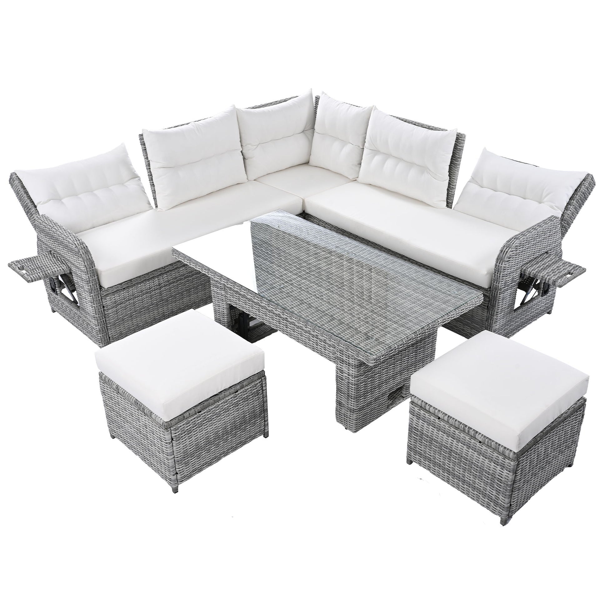 Outdoor Furniture Set Patio Rattan Furniture Set With Adjustable Table, Recliners With Extendable Side Tables And 2 Ottomans - Best Buy Furniture