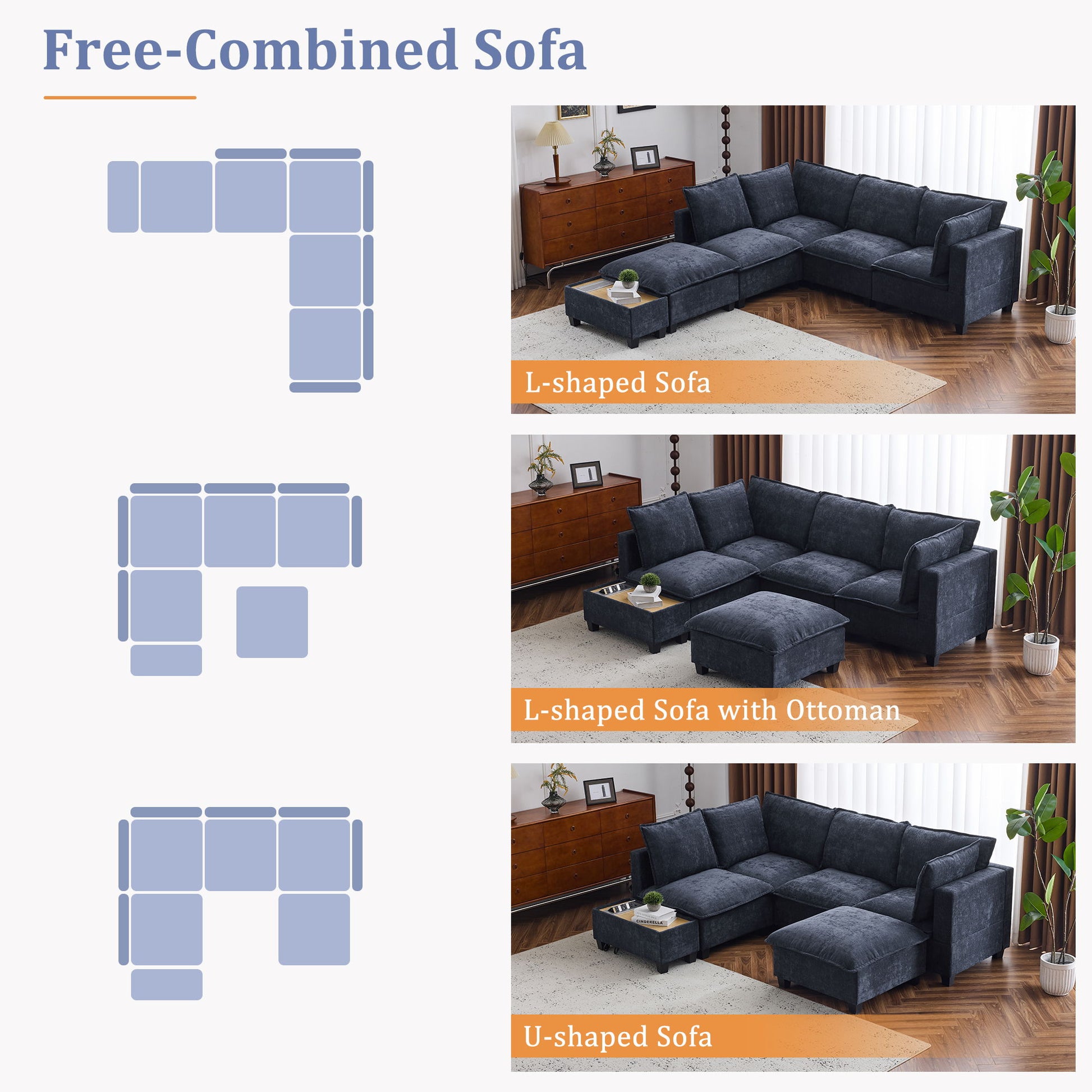 U-Shaped Sectional Modular Sofa With A Movable Ottoman, A Coffee Table With Hidden Charging Devices For Living Room - Best Buy Furniture
