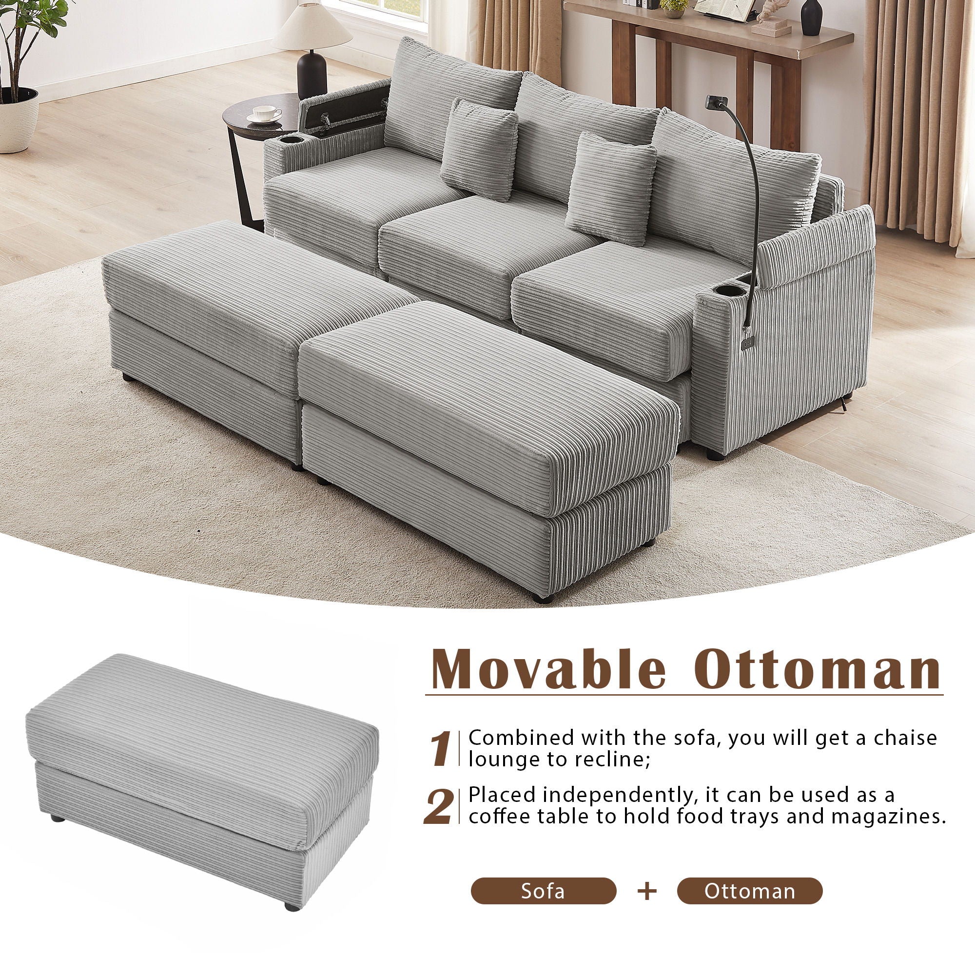 Modern Style Loveseat Sofa Sectional Sofa Couch With Storage Space, A Movable Ottoman, Two USB Ports, Two Cup Holders, A Phone Holder For Living Room - Best Buy Furniture