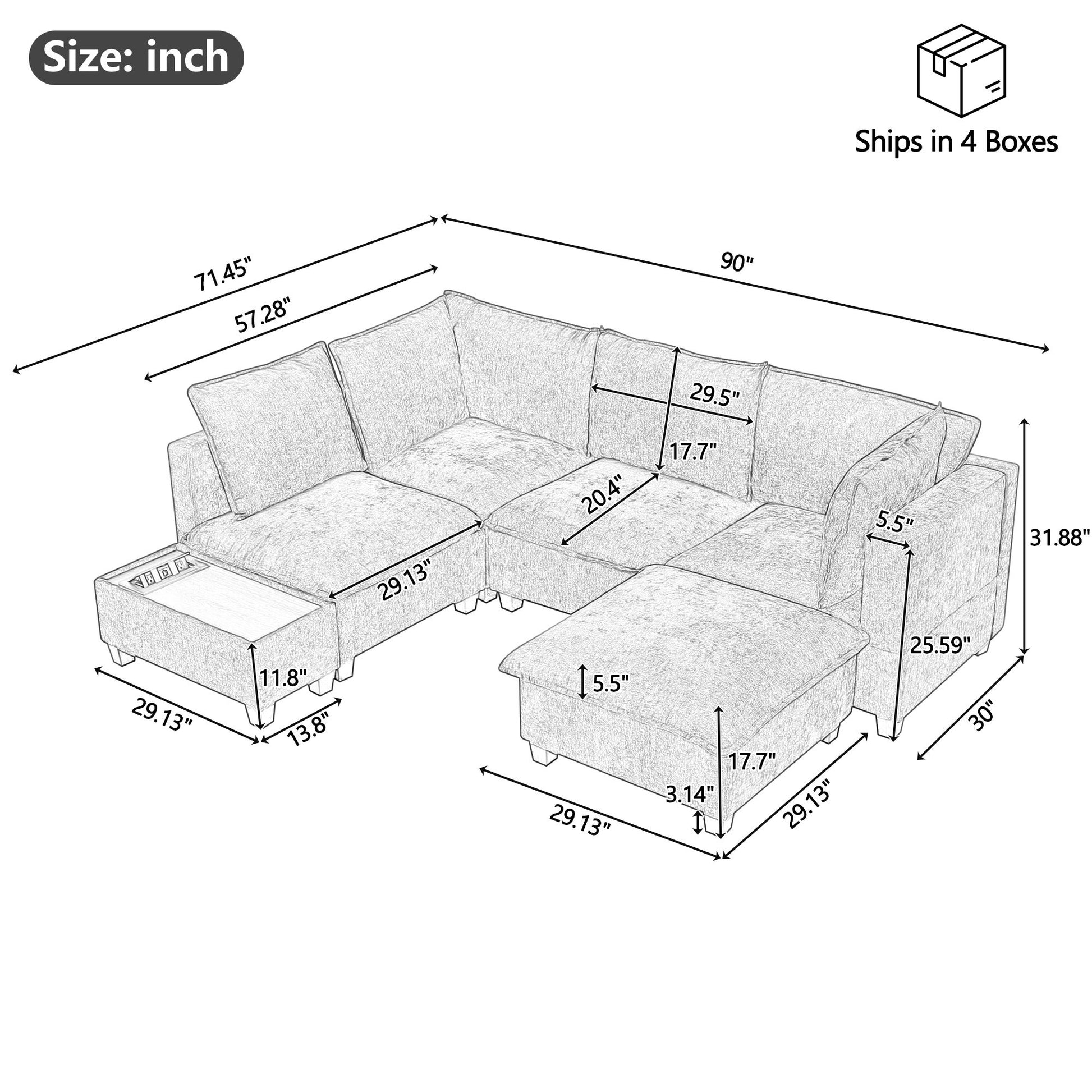 U-Shaped Sectional Modular Sofa With A Movable Ottoman, A Coffee Table With Hidden Charging Devices For Living Room - Best Buy Furniture