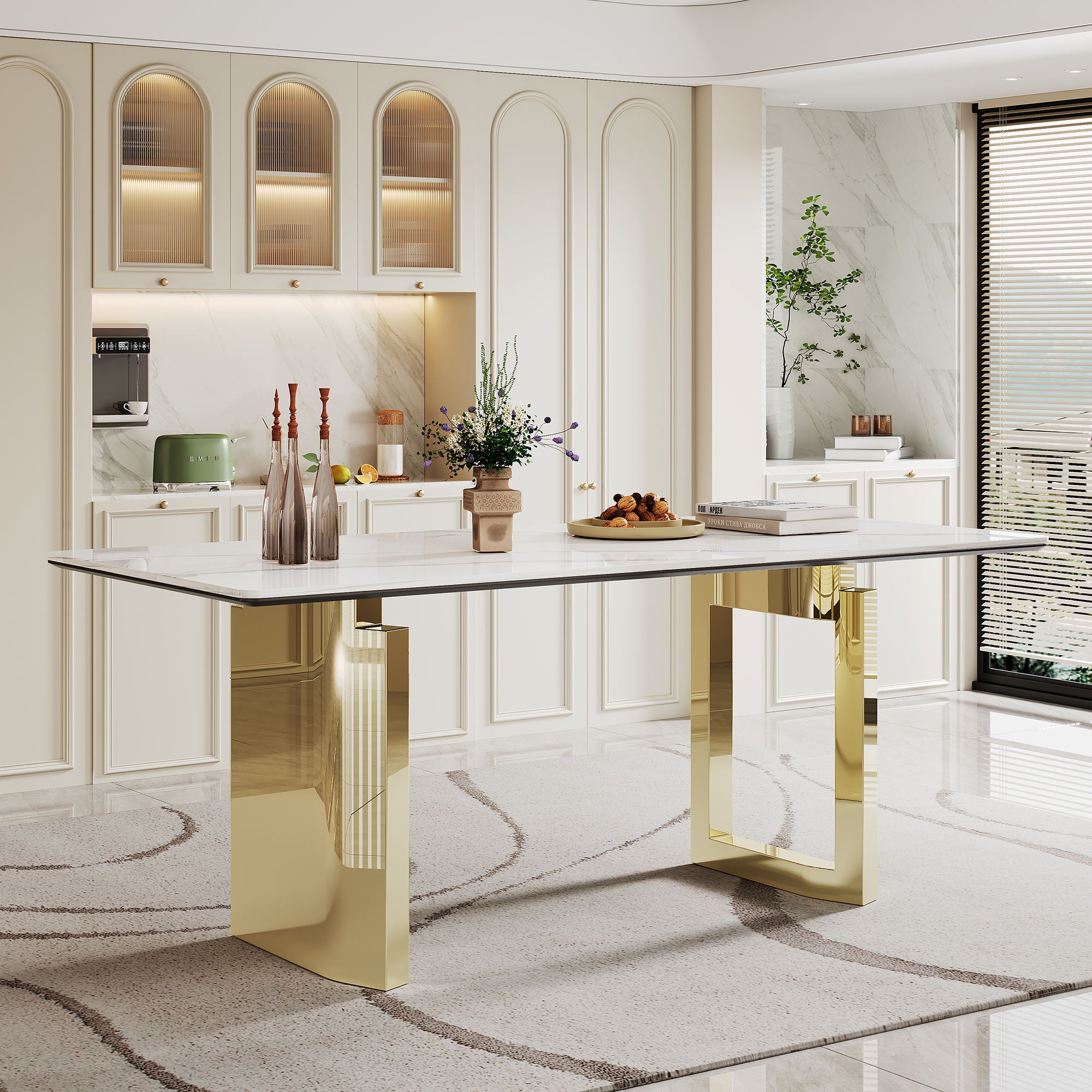 Sintered Stone Composite Tempered Glass Top Rectangular Dining Table With Stainless Steel Base - Best Buy Furniture