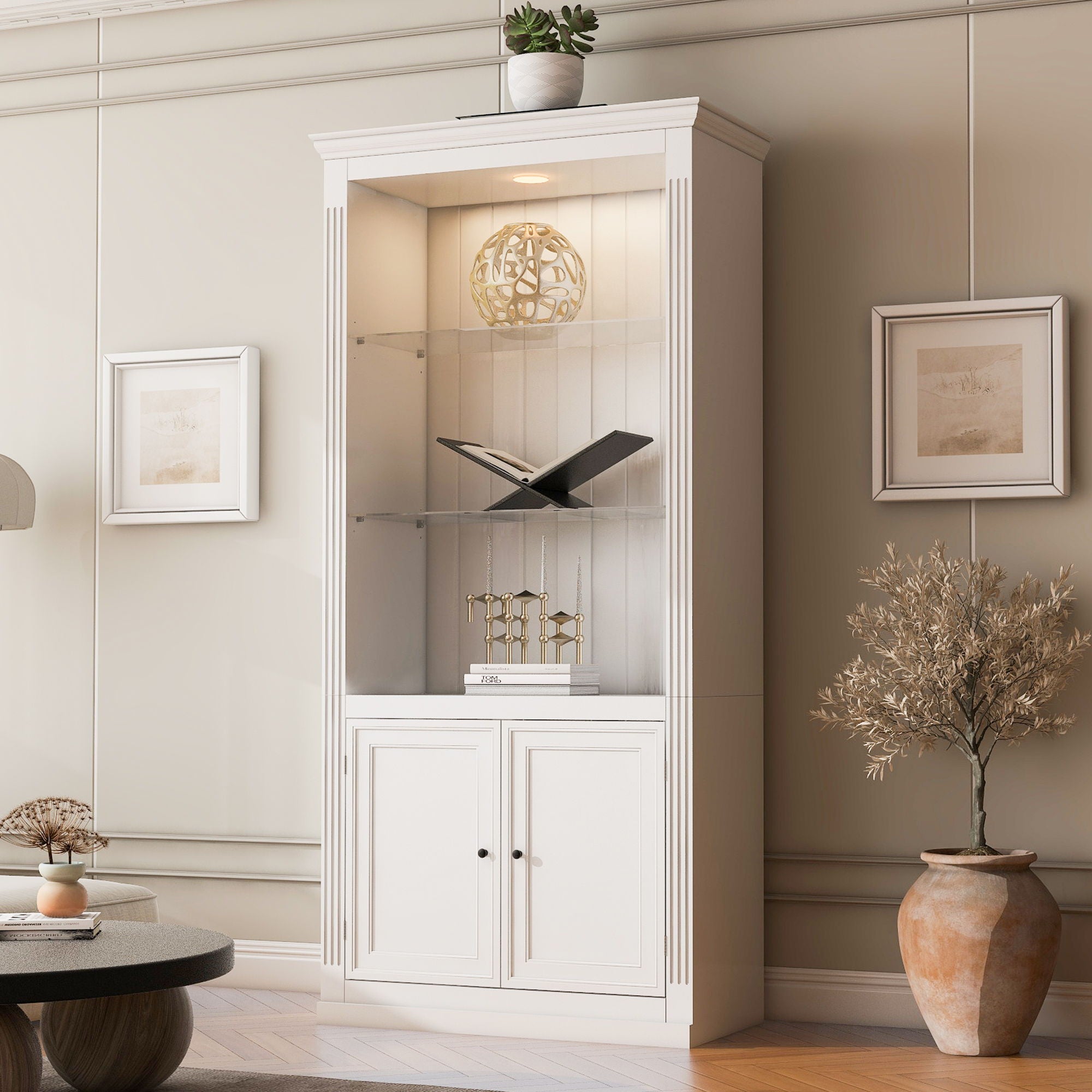 Retro Style Display Bookcase With Adjustable LED Ceiling Light And Tempered Glass Shelves - White - Best Buy Furniture