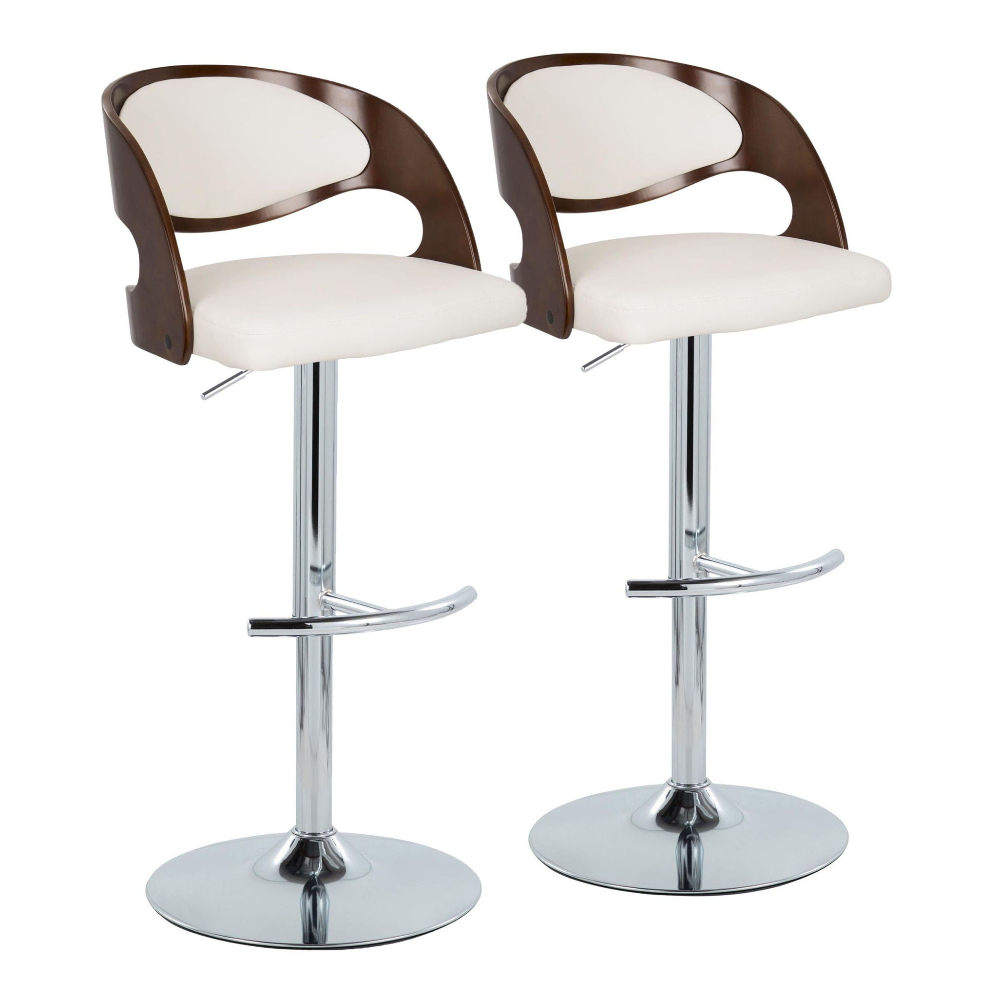 Pino - Mid-Century Modern Adjustable Barstool With Swivel With Rounded T Footrest (Set of 2) - Chrome / Cherry / White - Best Buy Furniture