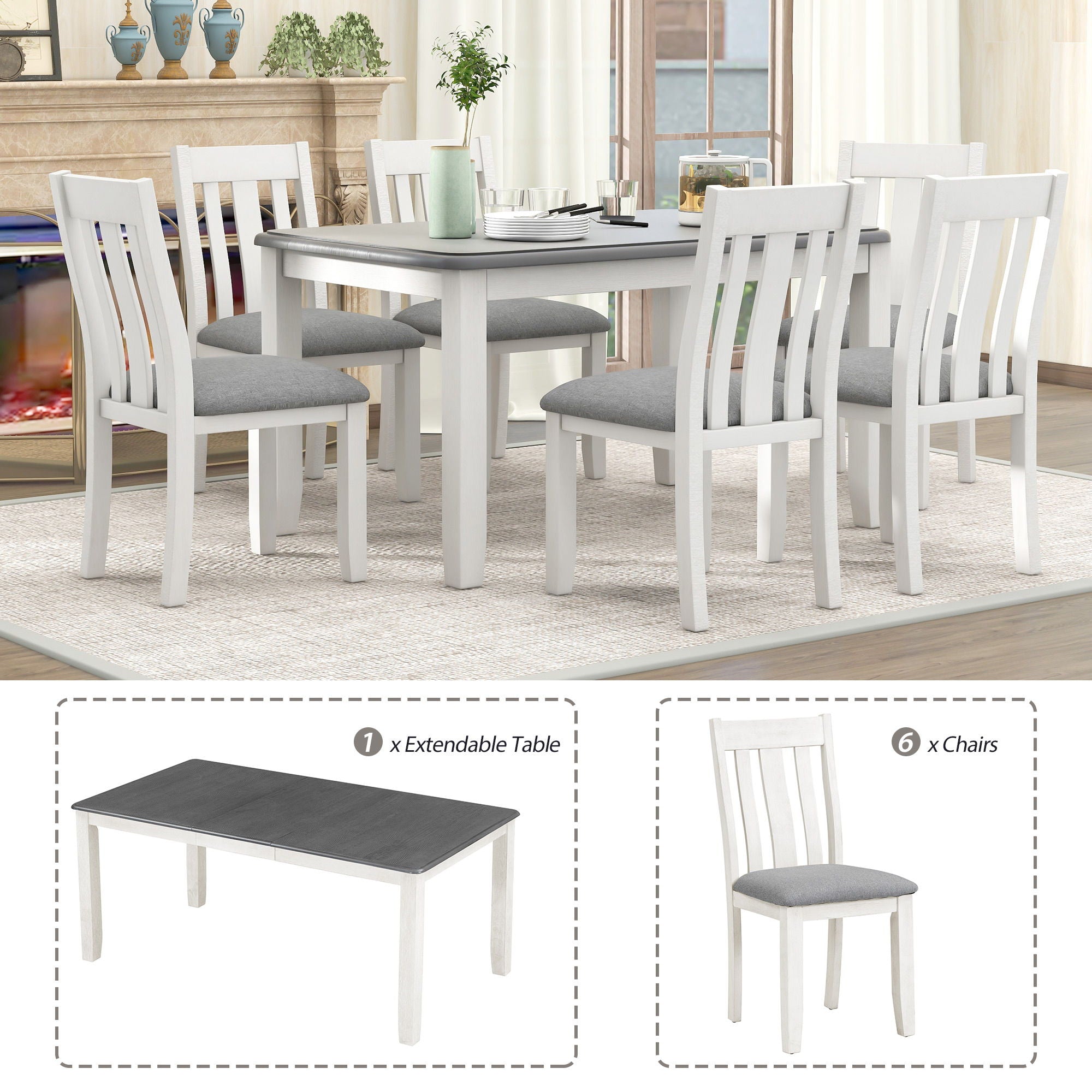 Retro Style 7 Piece Dining Table Set With Extendable Table And 6 Upholstered Chairs - Gray / White - Best Buy Furniture