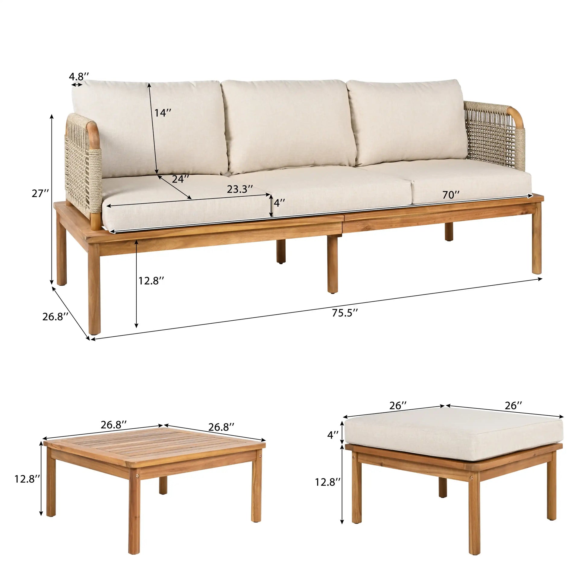 Outdoor 3-piece Acacia Wood and Rope Patio Sofa Set - Best Buy Furniture