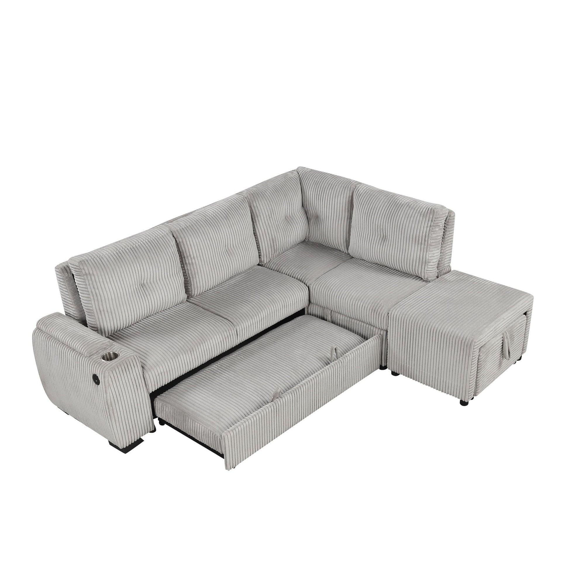 Pull-Out L-Shaped Sectional Sofa With Movable Ottoman And Stool, Large Storage Space, A Cup Holder, And 2 USB Ports For Living Room - Best Buy Furniture