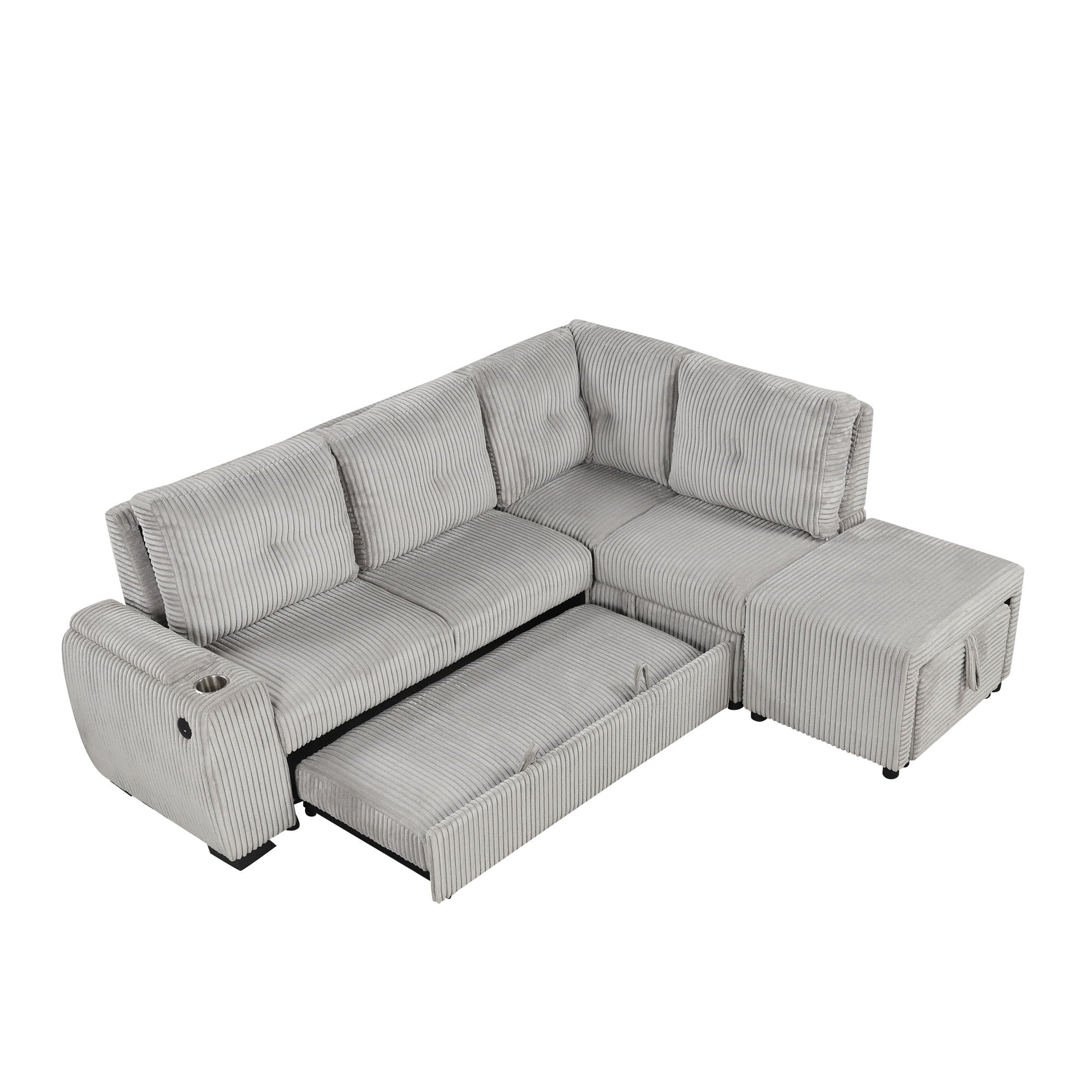 Pull-Out L-Shaped Sectional Sofa With Movable Ottoman And Stool, Large Storage Space, A Cup Holder, And 2 USB Ports For Living Room - Best Buy Furniture