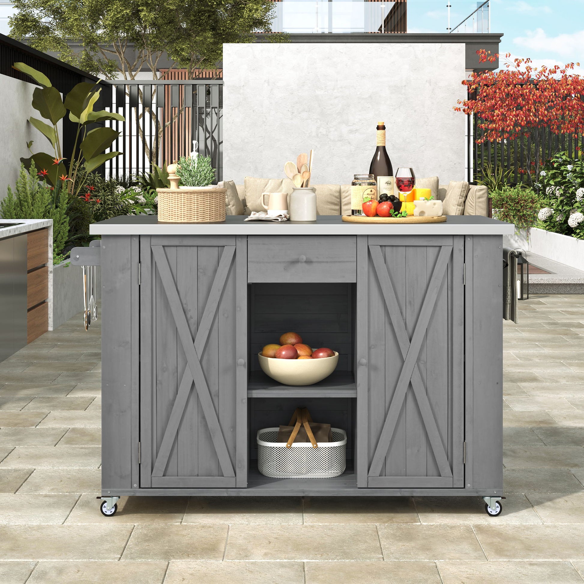 Outdoor Kitchen Island With Stainless Steel Top, Ample Storage Space, Towel And Spice Racks And A Bottle Opener - Best Buy Furniture