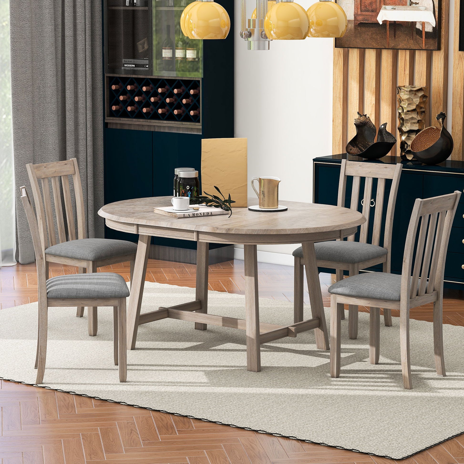 5 Piece Wood Dining Table Set With Extendable Round Table And 4 Chairs - Best Buy Furniture