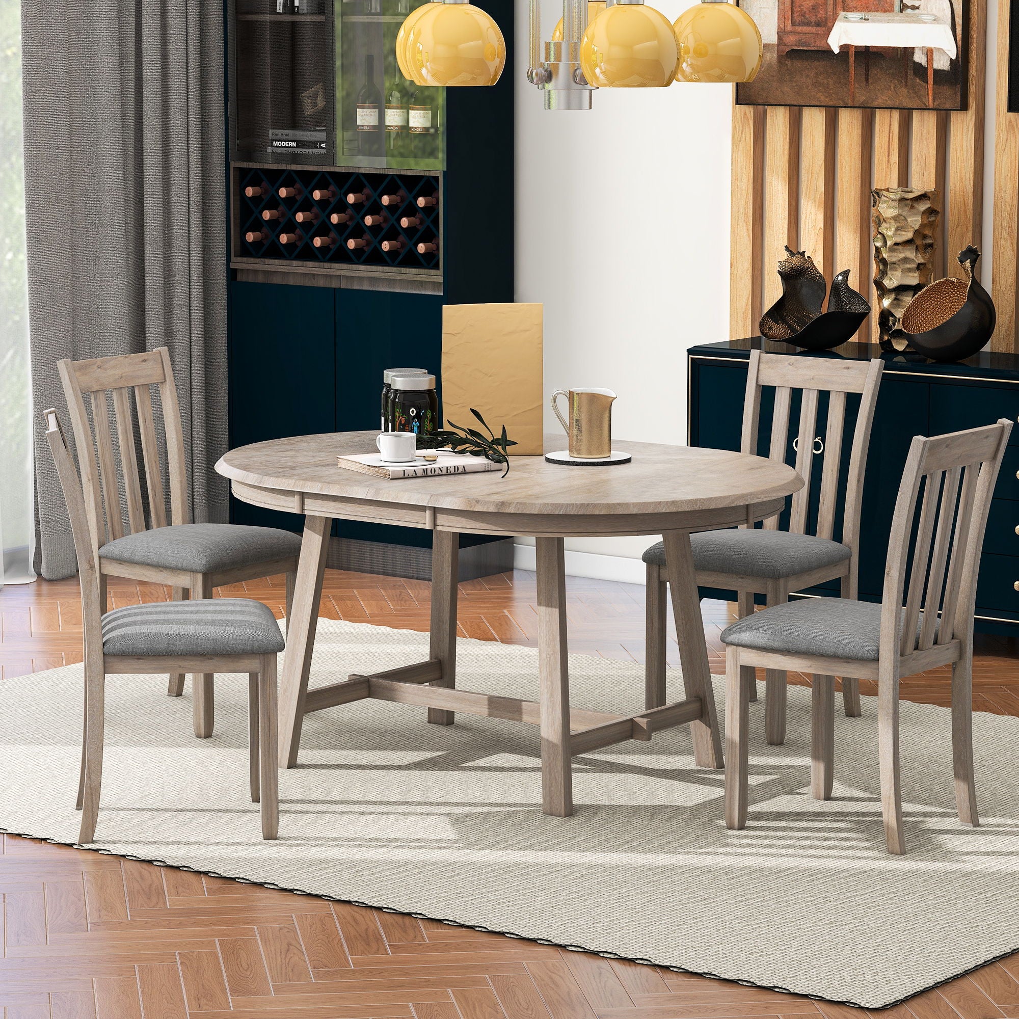 5 Piece Wood Dining Table Set With Extendable Round Table And 4 Chairs - Best Buy Furniture