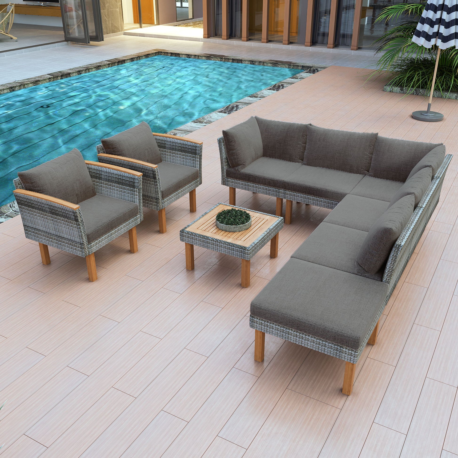 9 Piece Patio Rattan Furniture Set, Outdoor Conversation Set With Acacia Wood Legs And Tabletop, PE Rattan Sectional Sofa Set With Coffee Table, Washable Cushion - Best Buy Furniture