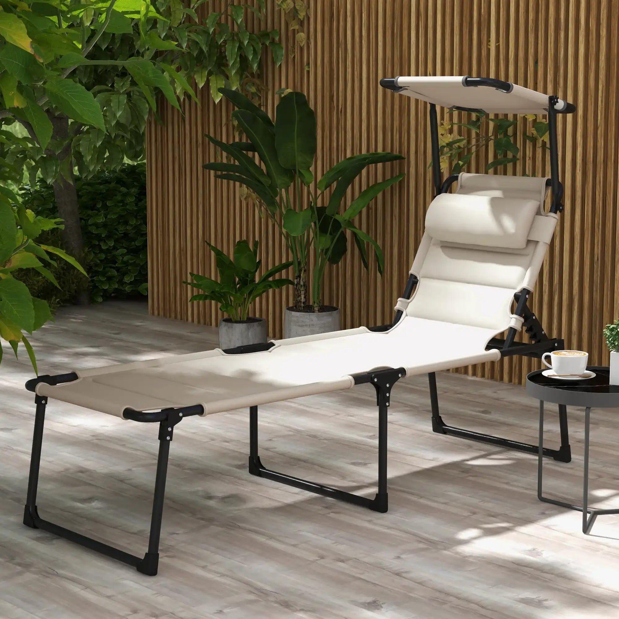 Adjustable Outdoor Lounge Chair, Cream White, with Sunshade & Pillow - Best Buy Furniture