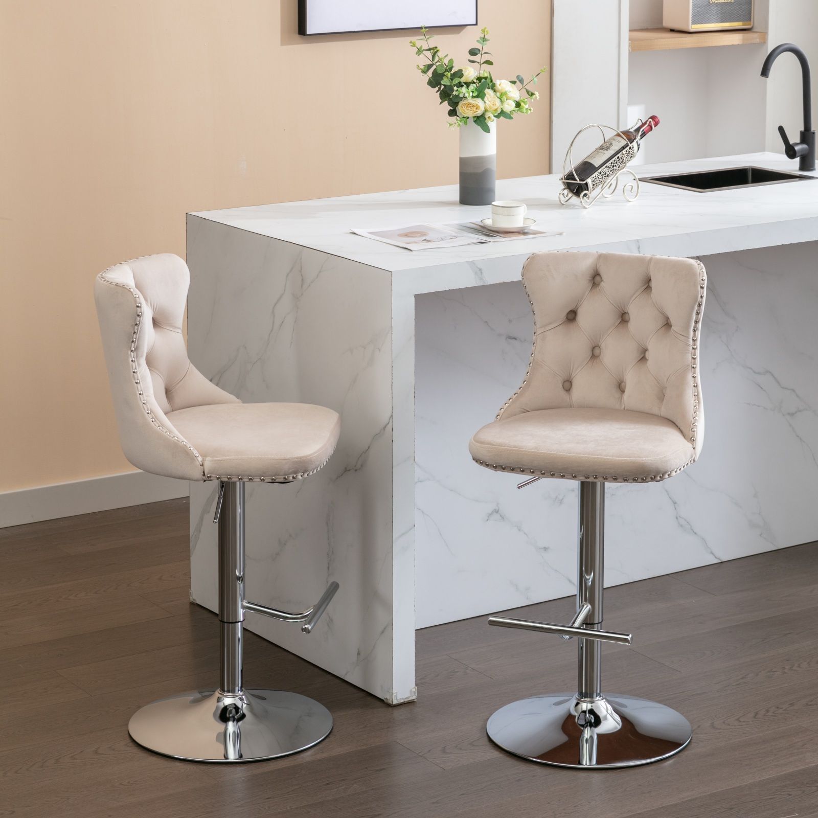 Swivel Velvet Barstools Adjusatble Seat Height From 25-33", Modern Upholstered Chrome Base Bar Stools With Backs Comfortable Tufted For Home Pub And Kitchen Island (Set of 2) - Best Buy Furniture