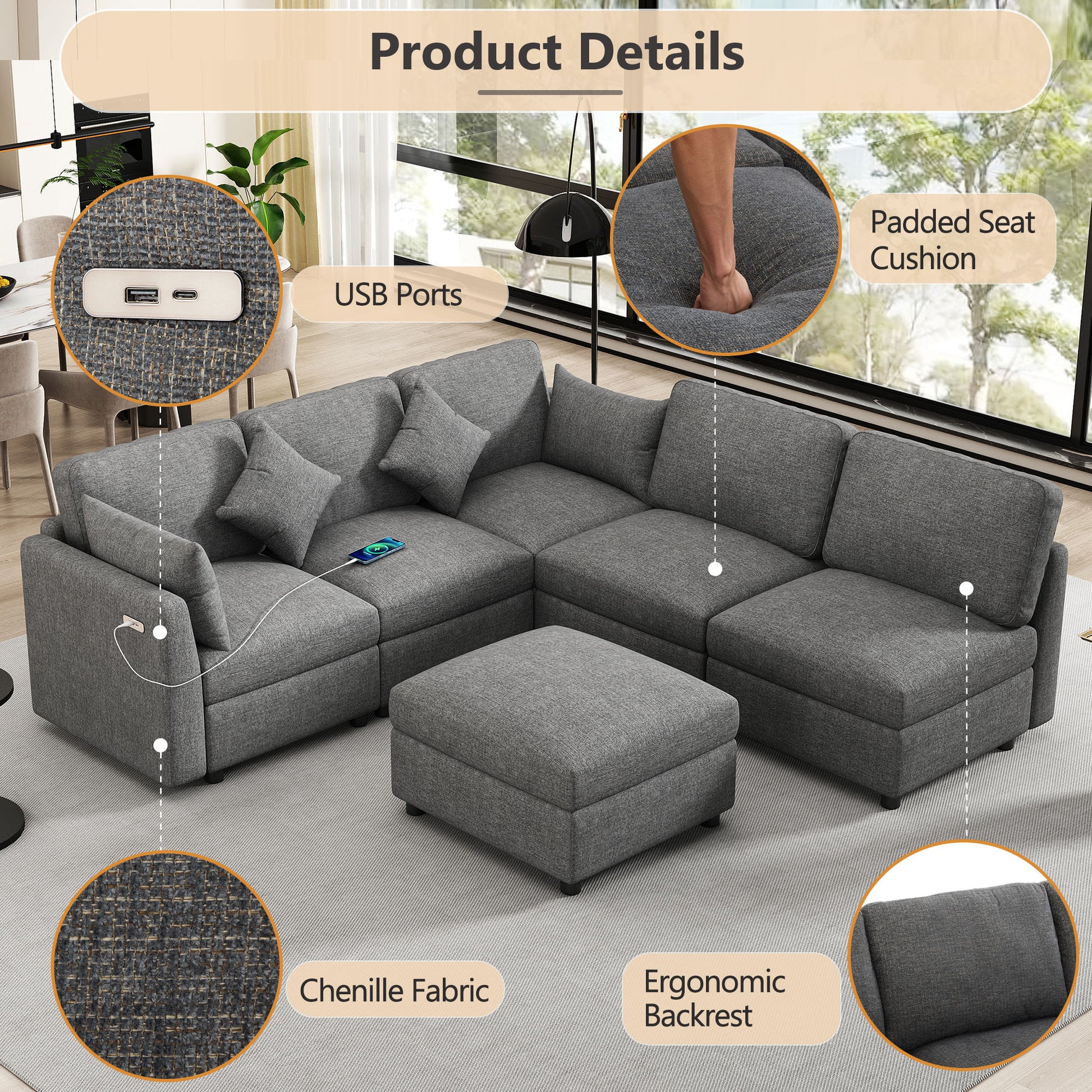 Sectional Sofa Modular Sofa U - Shaped Sofa Couch Sofa Bed L - Shaped Sofa With A Movable Ottoman And Two USB Ports For Living Room - Best Buy Furniture