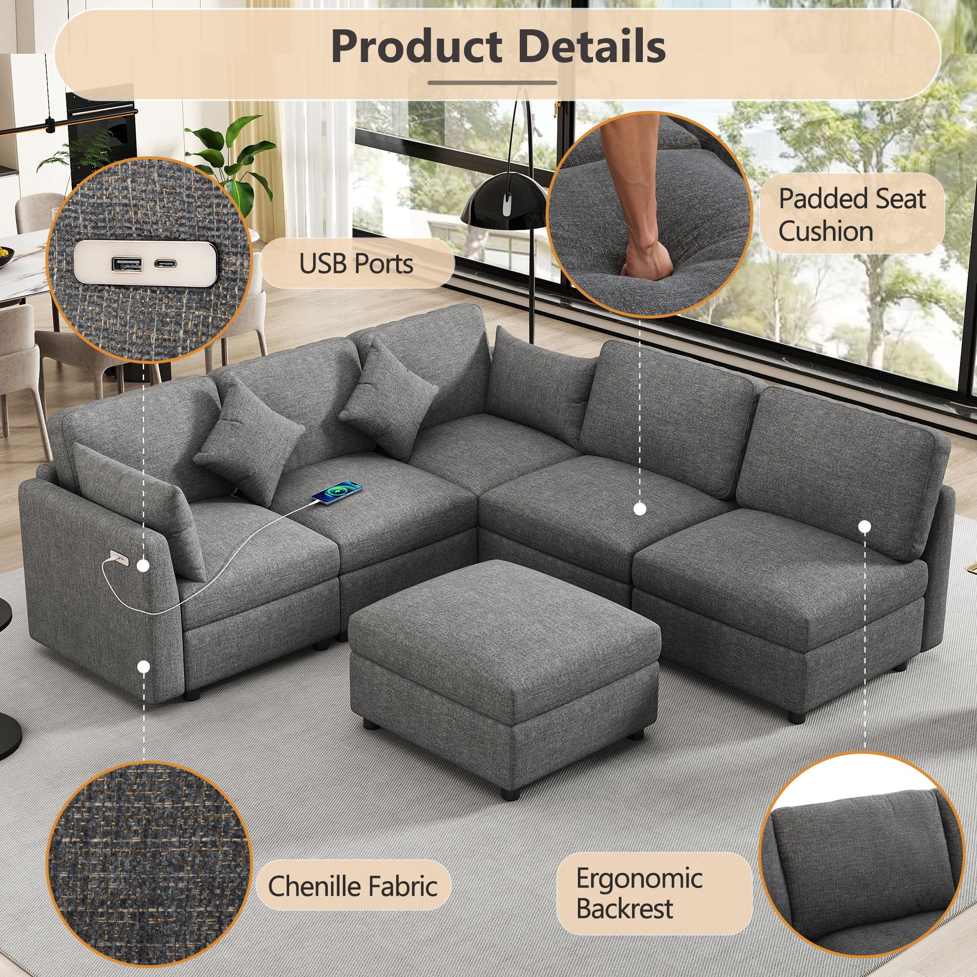 Sectional Sofa Modular Sofa U - Shaped Sofa Couch Sofa Bed L - Shaped Sofa With A Movable Ottoman And Two USB Ports For Living Room - Best Buy Furniture