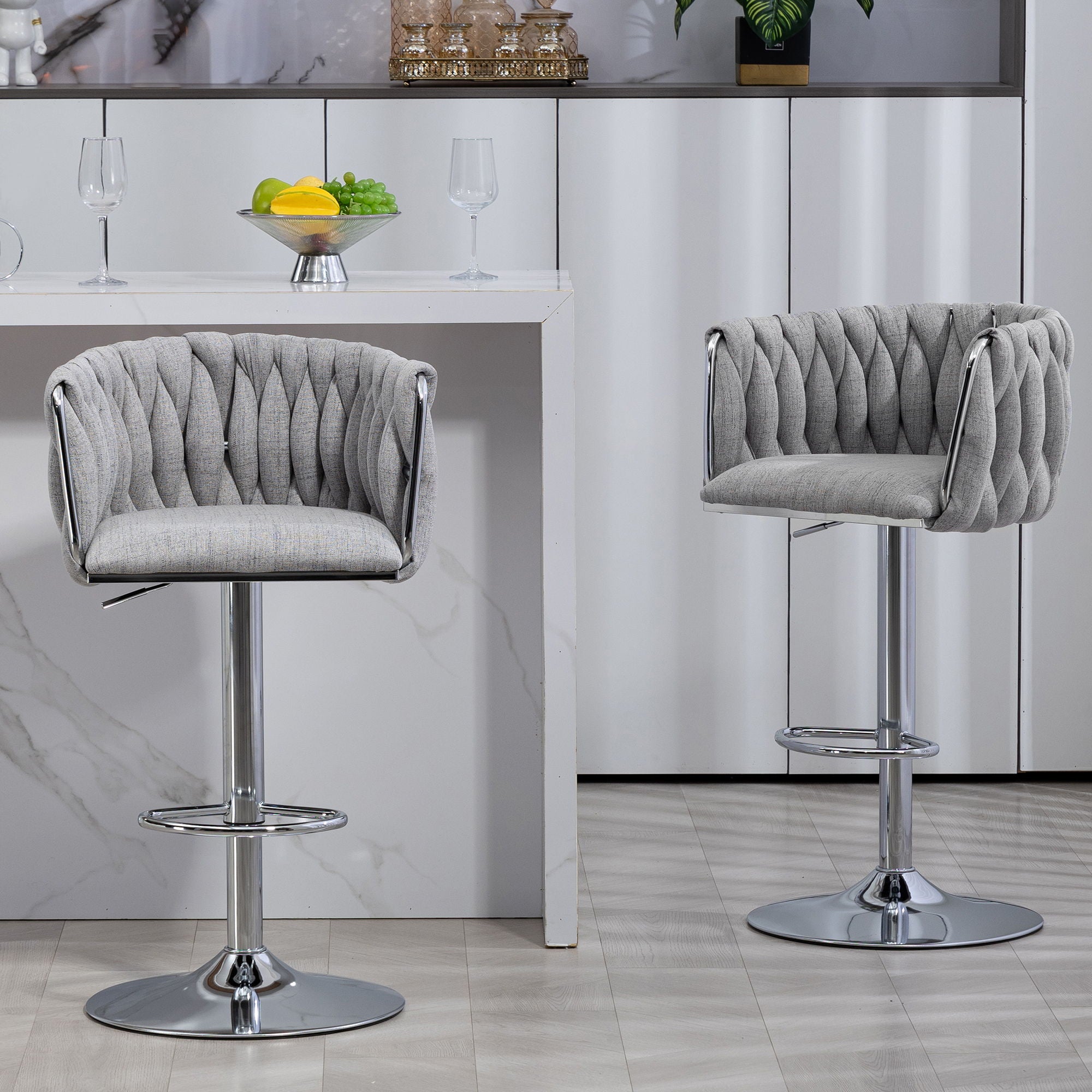 360 Degree Swivel Bar Stools Adjustable Counter Height Bar Chairs With Woven Back & Footrest, Silver Chromed Bar Stools For Kitchen Island (Set of 2) - Gray - Best Buy Furniture