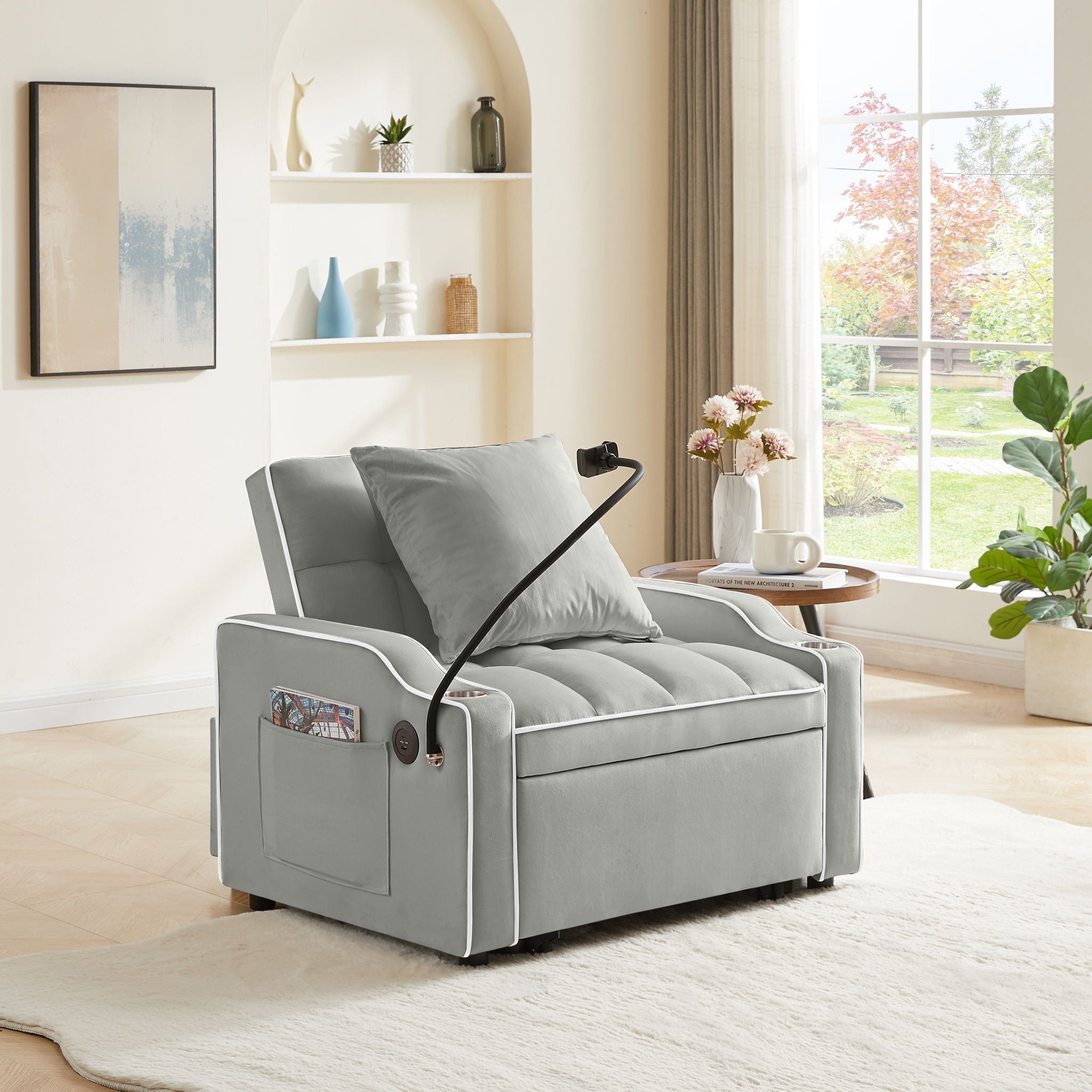 Convertible Velvet 3 In 1 Sofa Bed With Adjustable Sleeper Chair And Multi Pockets - Best Buy Furniture