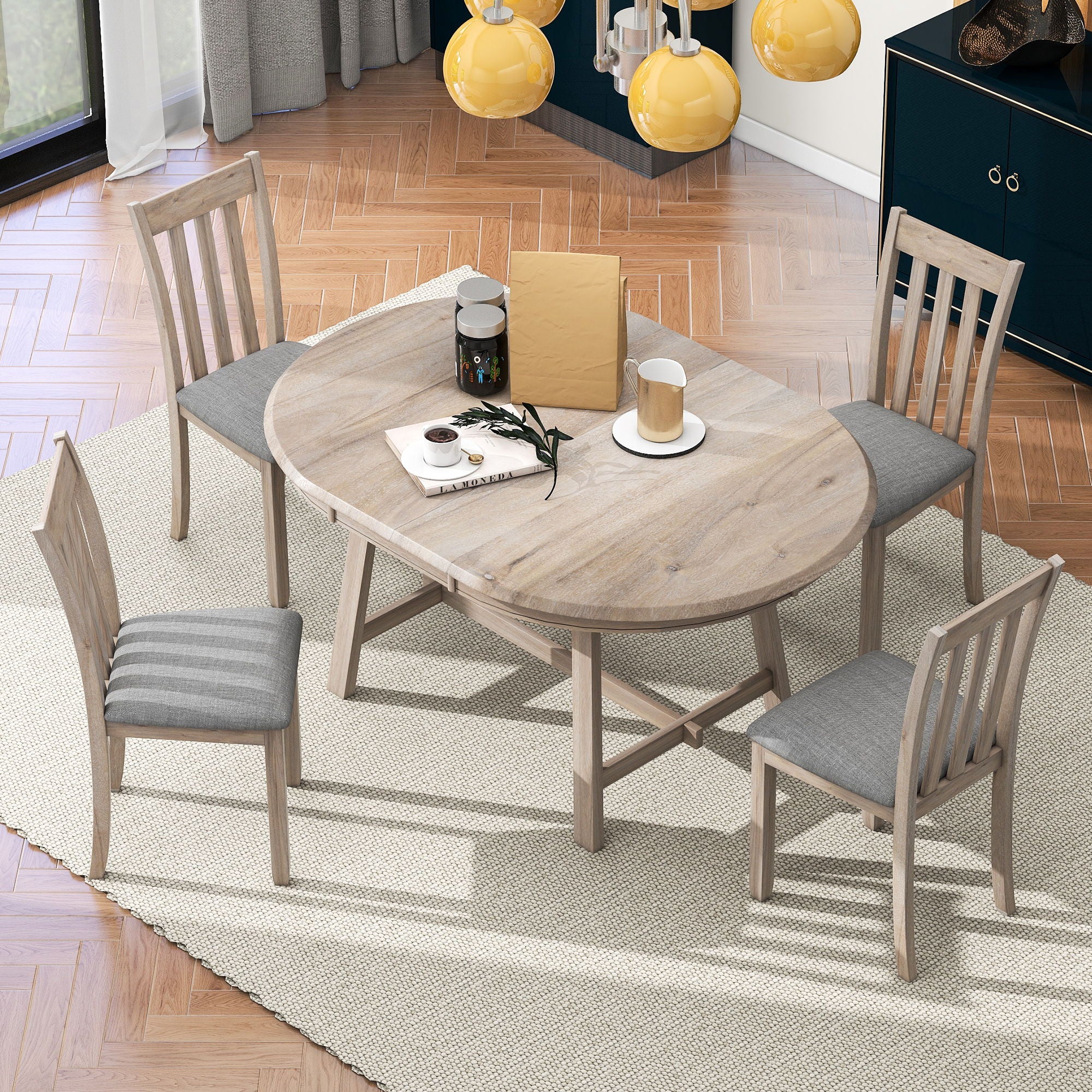 5 Piece Wood Dining Table Set With Extendable Round Table And 4 Chairs - Best Buy Furniture