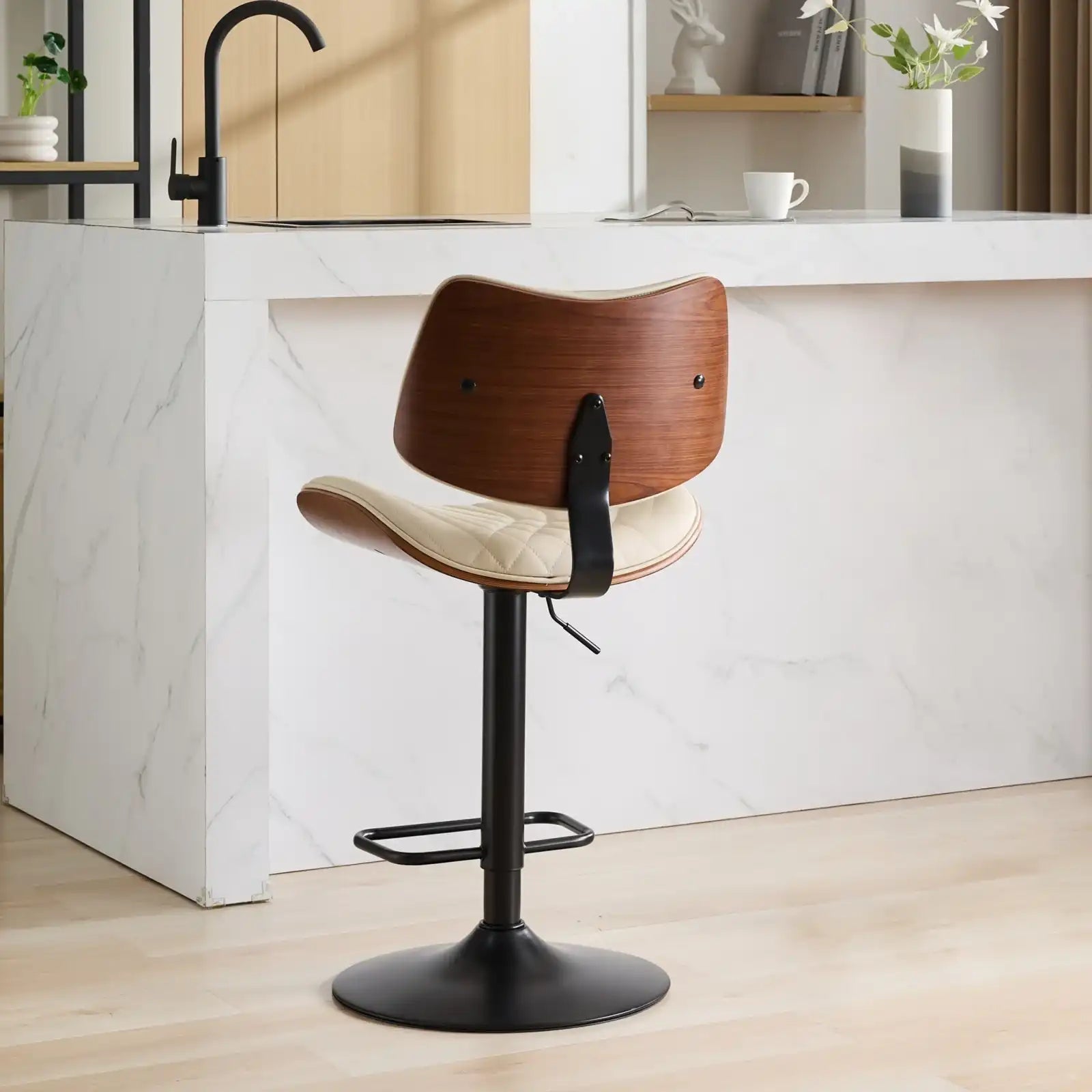 Mid Century Modern Walnut Bar Stool, Adjustable Black Leather Swivel Chair, Beige - Best Buy Furniture