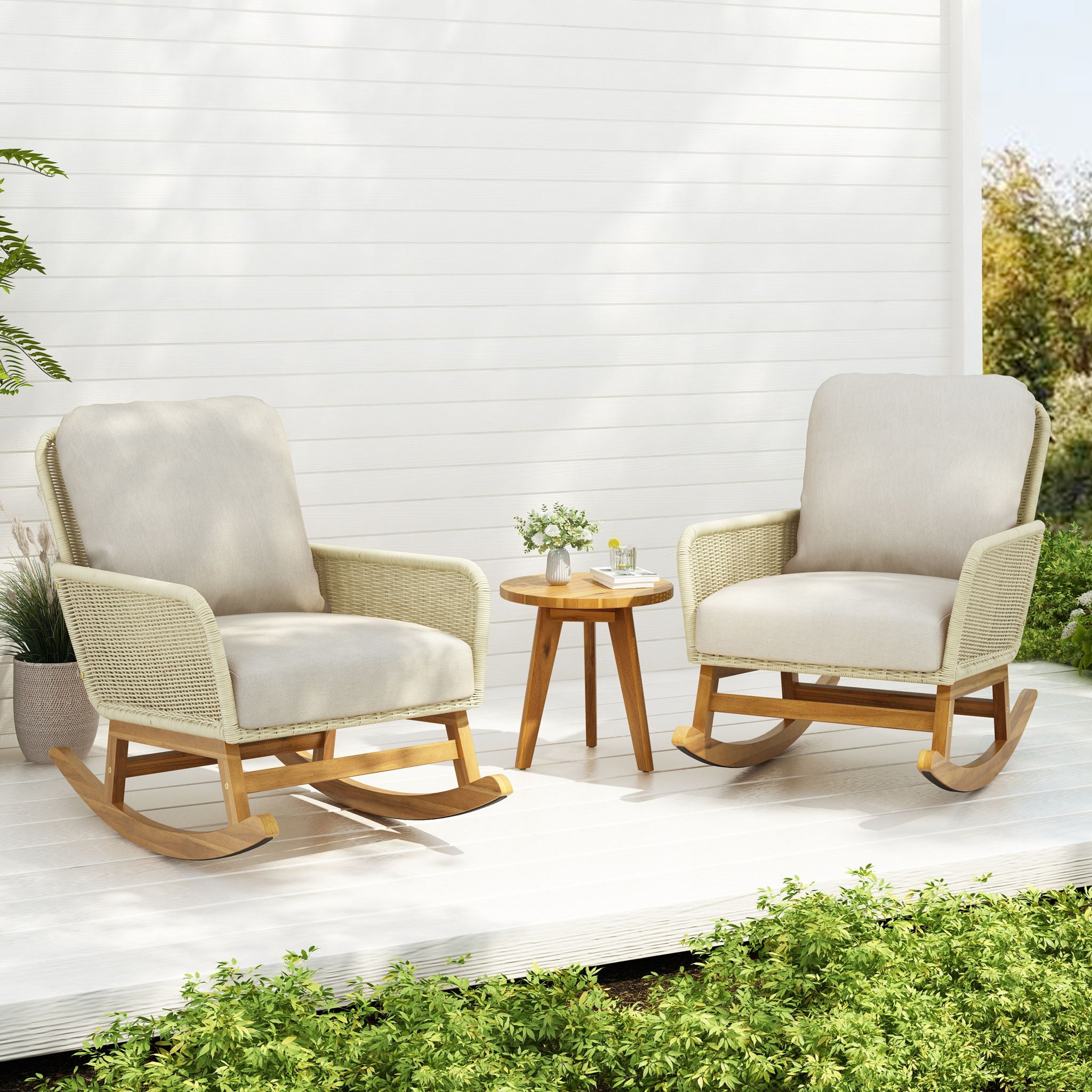 Cushioned Rattan Rocking Chairs With Wooden Accent Table Modern 3 Piece Outdoor Seating Set For Patio Relaxation - Ivory - Best Buy Furniture