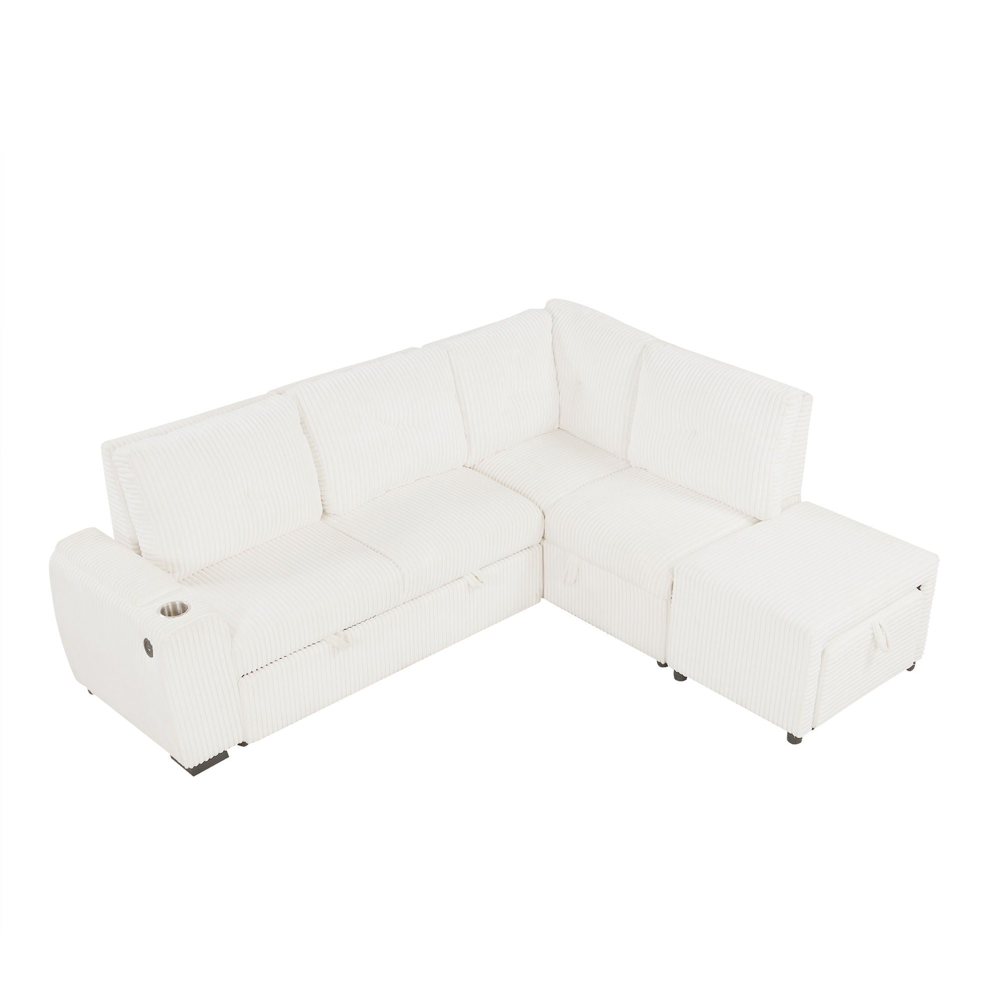 Pull-Out L-Shaped Sectional Sofa With Movable Ottoman And Stool, Large Storage Space, A Cup Holder, And 2 USB Ports For Living Room - Best Buy Furniture