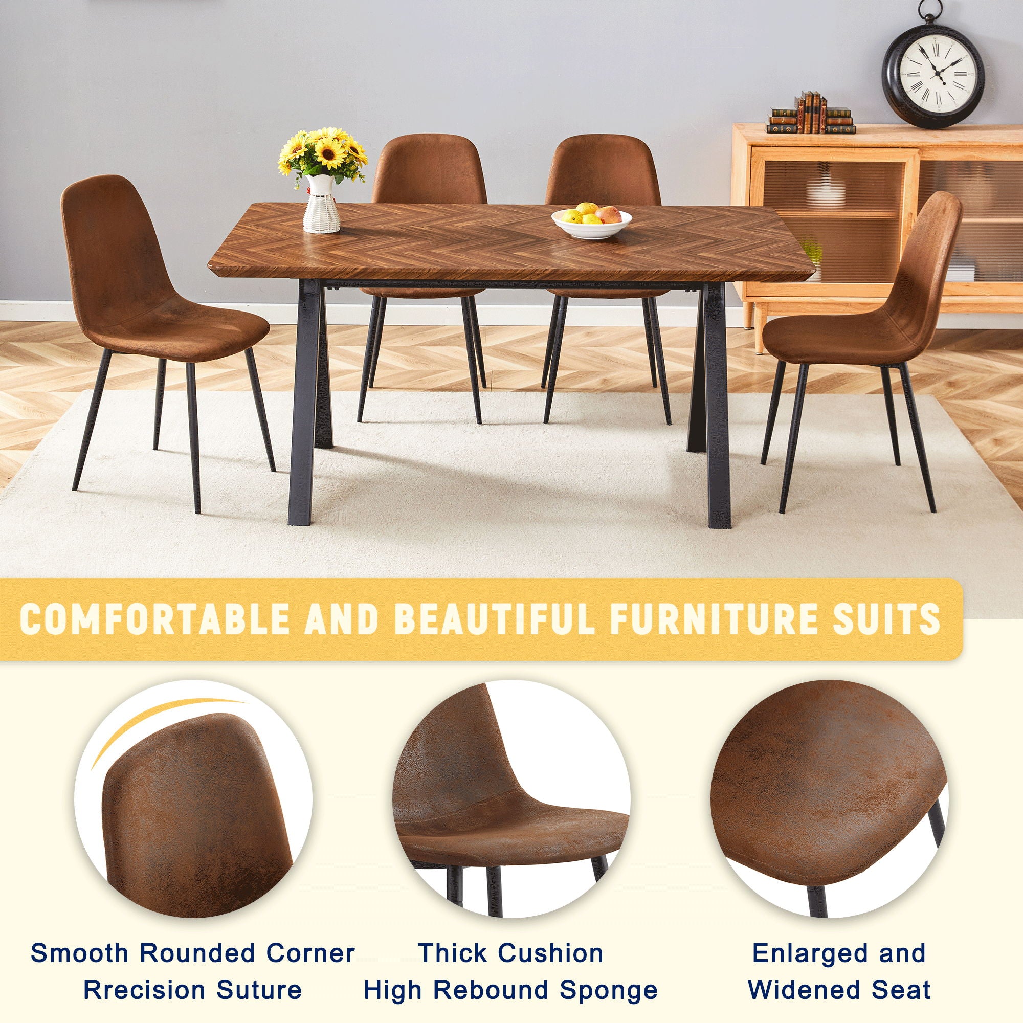 Suede Backrest Chairs With Metal Legs & Herringbone Dining Table Set - Best Buy Furniture