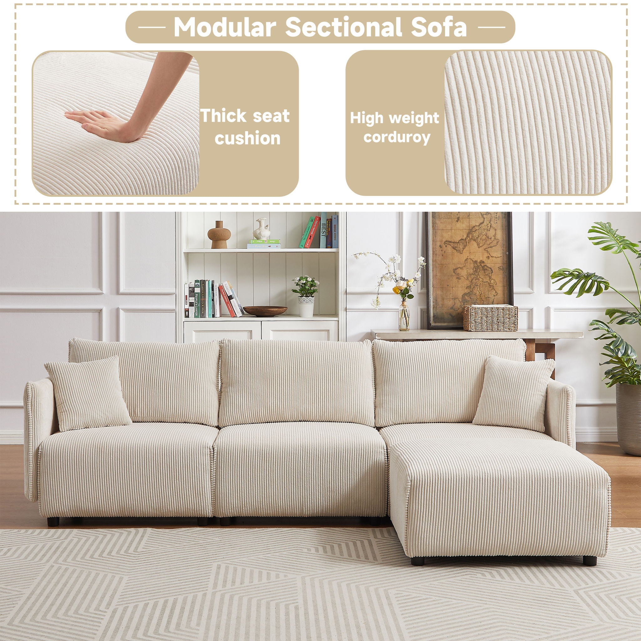 Modern Minimalist Corduroy Combination Sofa With 2 Comfort Cushions With USB & C Charging Ports - Best Buy Furniture