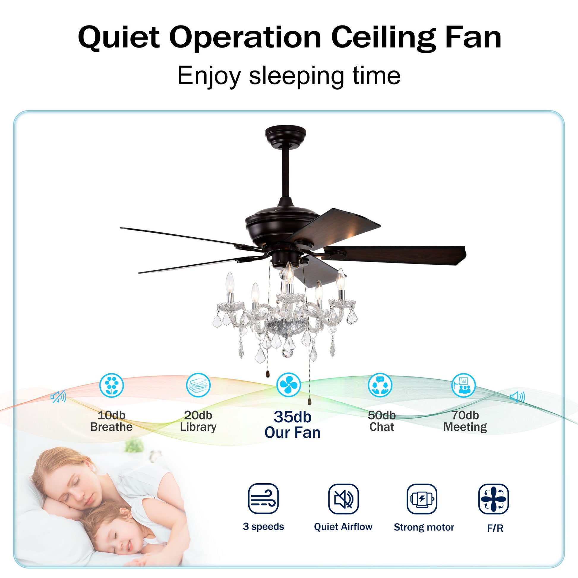 52" Crystal Shade Ceiling Fan Lamp, 3 Speed, 4 Timing, 5 Reversible Blades Crystal Ceiling Fan, 5 Pieces X E12 (No Include Bulb), Hand Pull Chain - Matte Black - Best Buy Furniture