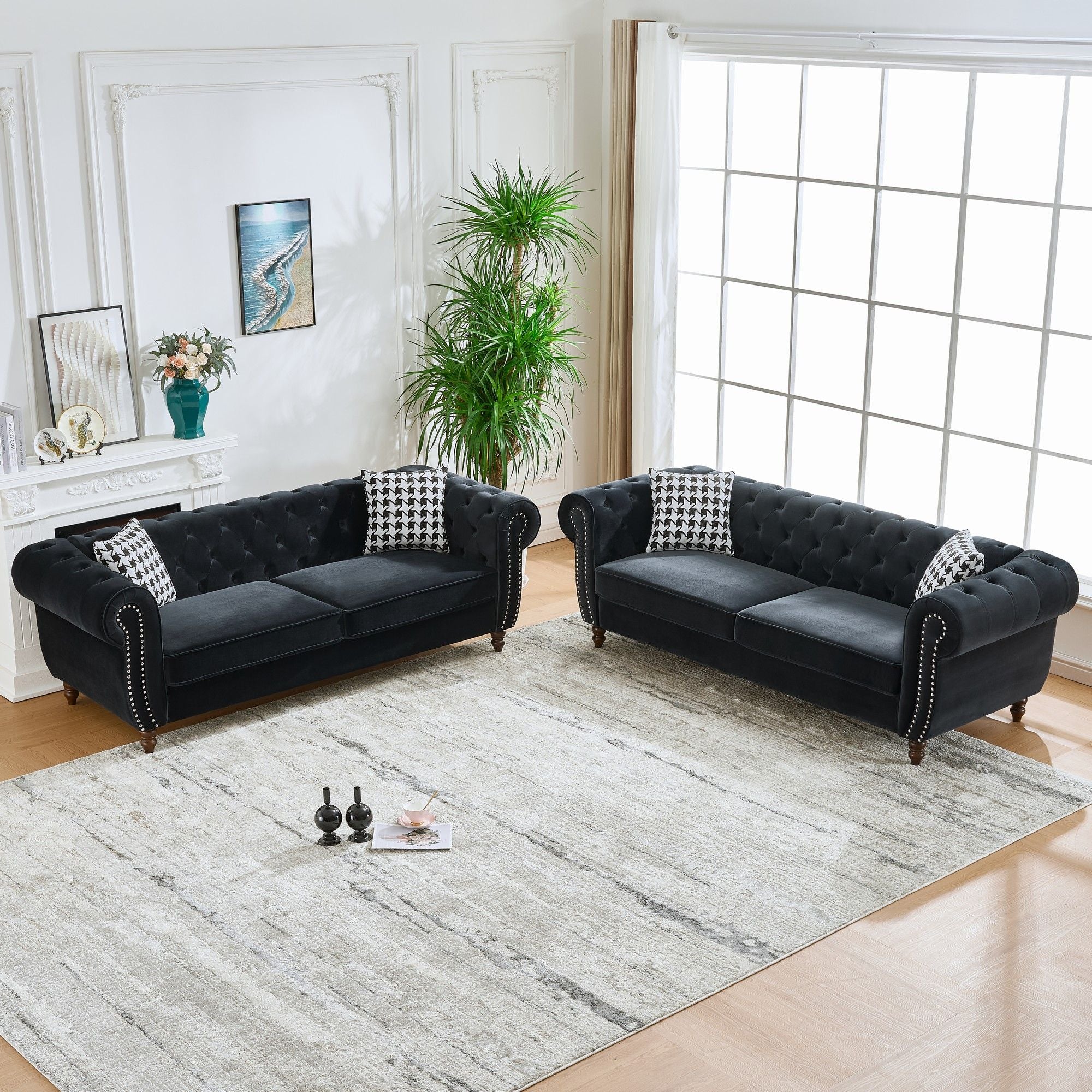 Chesterfield Velvet Upholstery Fabric Sofa With Roll Armrest & Nailhead, Mid Century Modern 3 And 3 Seater Couch - Best Buy Furniture