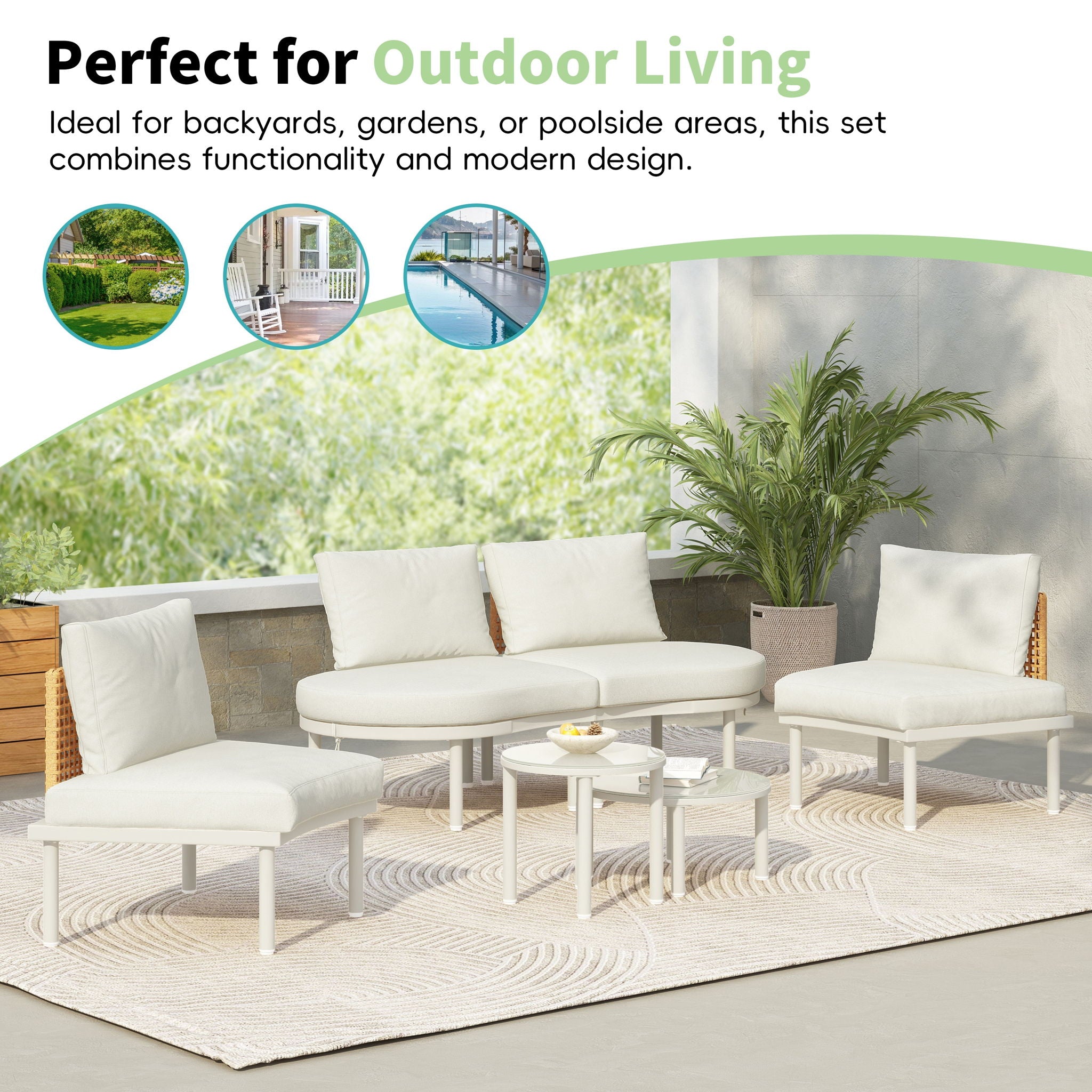6 Piece Patio Set, Half Moon Outdoor Sectional Sofa With 2 High Low Coffee Tables, 4 Pillows & Cushions - Best Buy Furniture