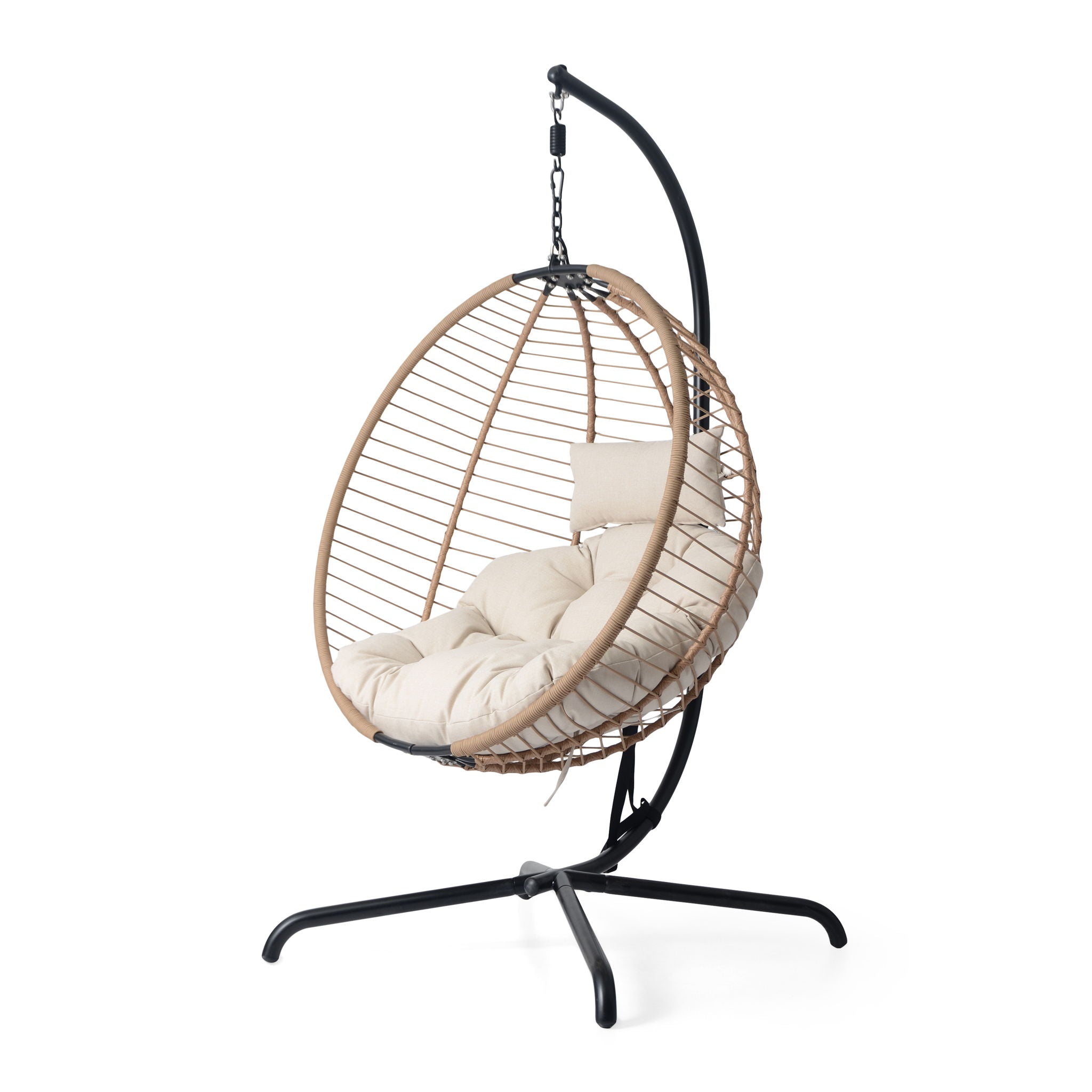 Sora - Outdoor Patio Wicker Hanging Chair With Stand - Beige / Brown - Best Buy Furniture