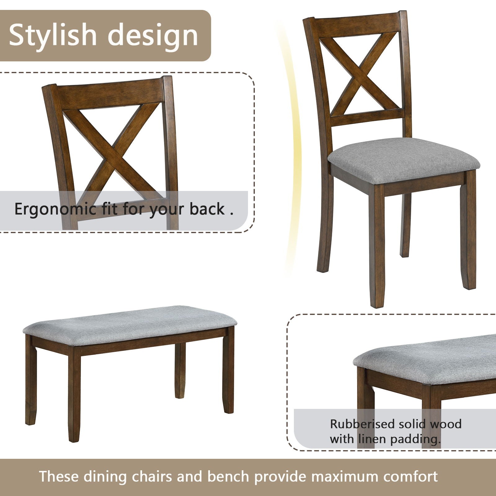 6 Pieces Kitchen Dining Set, Rectangular Wooden Dining Table With 4 Chairs And A Bench - Best Buy Furniture