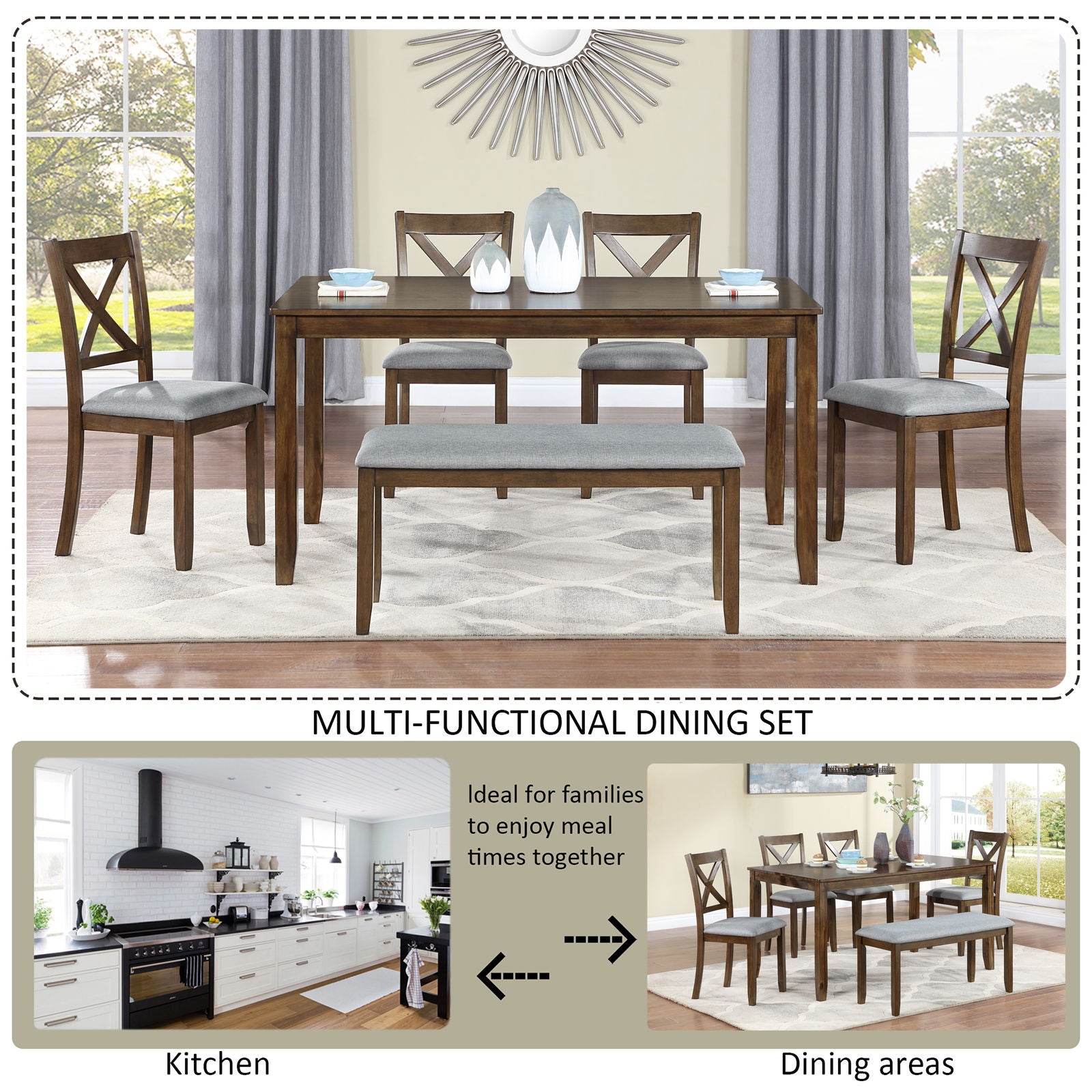 6 Pieces Kitchen Dining Set, Rectangular Wooden Dining Table With 4 Chairs And A Bench - Best Buy Furniture