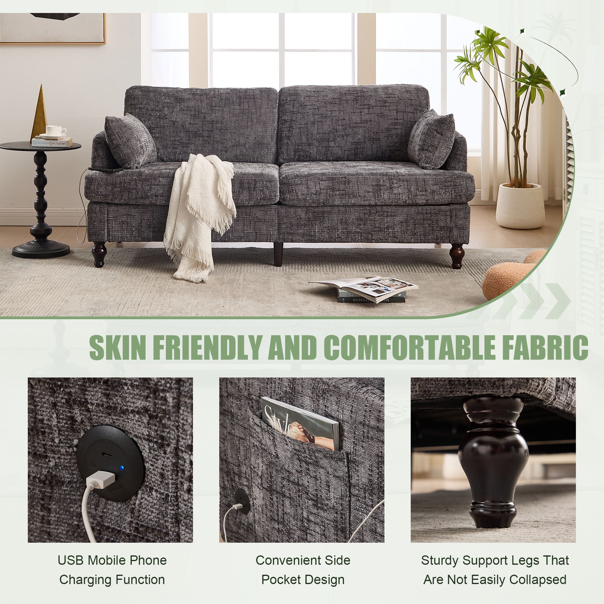 Chenille 2 Seater Sofa With LED Light, USB Charging Port, And Storage Bag