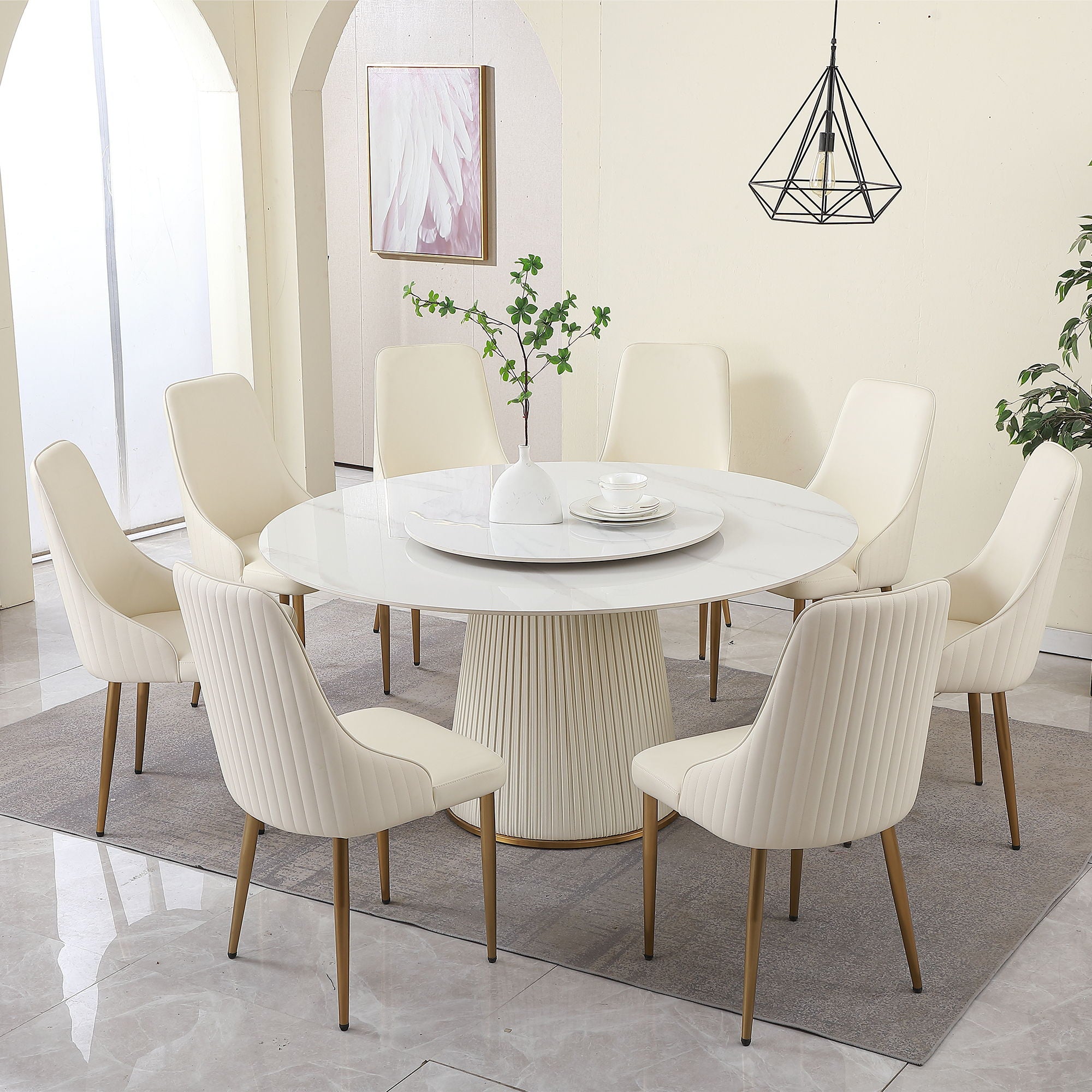 Modern Sintered Stone Dining Table With Round Turntable, Wood And Metal Pedestal, 8 Chairs - White - Best Buy Furniture