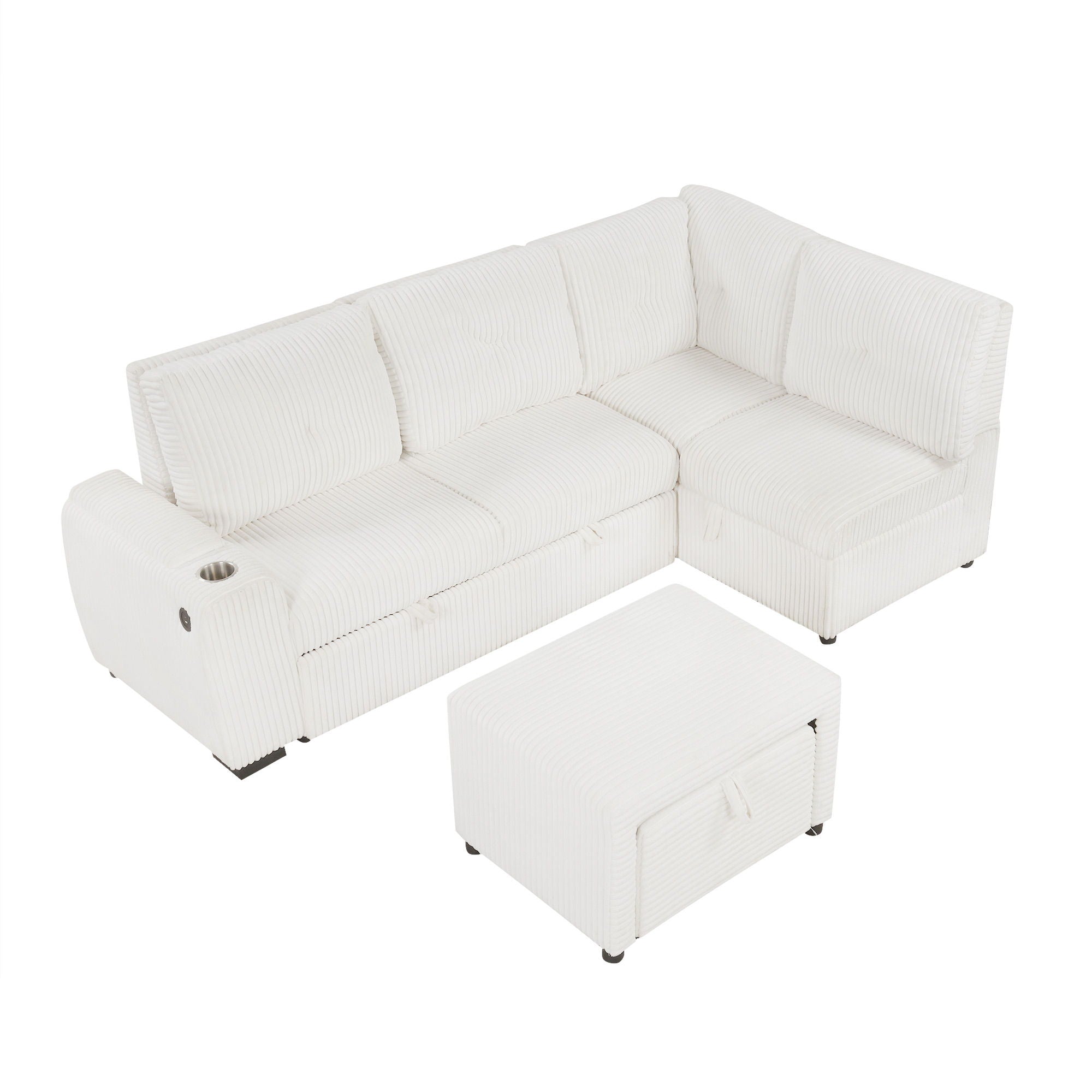 Pull-Out L-Shaped Sectional Sofa With Movable Ottoman And Stool, Large Storage Space, A Cup Holder, And 2 USB Ports For Living Room - Best Buy Furniture